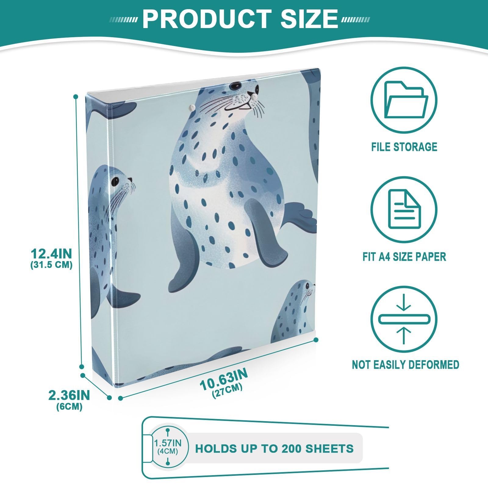 Raccoglitore a 3 anelli stampato, 3,8 cm, raccoglitore ad anelli a D con tasche, raccoglitore decorativo per scuola, università o ufficio, blu foca
