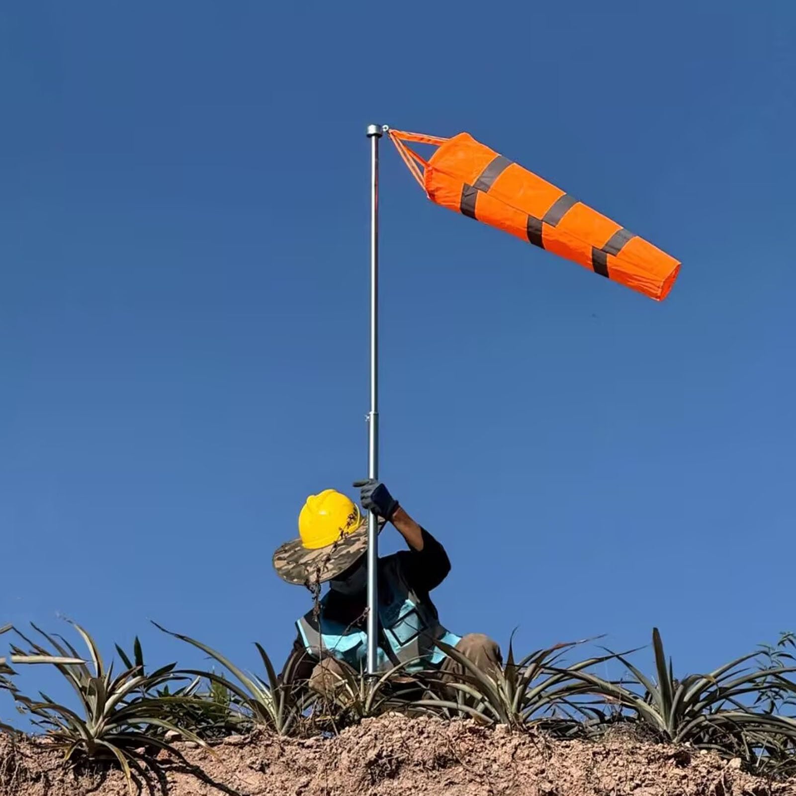 Windsack 0,8/1/1,5/2 m Flughafen-Windsack mit Reflektierenden Bändern, Windsack-Banner mit Edelstahl-Steckmast, Windmesssack(Orange,L-2m(6.6ft))