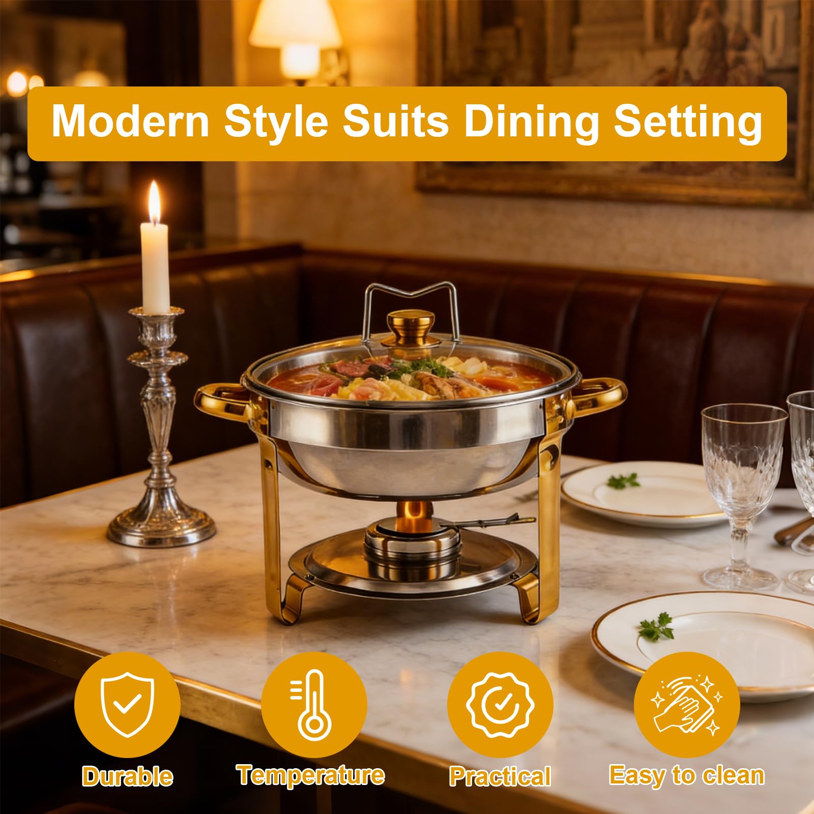 2 Stück runde 4,5L Chafing Dish Edelstahl mit Brenner & Eisfach | Abnehmbar mit Doppelgriffen, tragbar für Hochzeiten, Partys, Catering und Buffets
