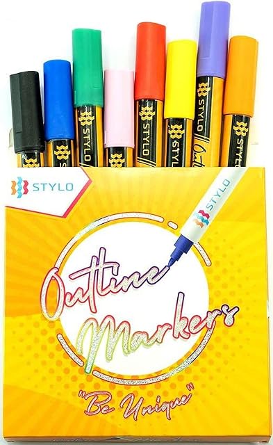 Stylo Silver Outline Marker Pens, 8 Colour Double Line Outline Pens Metallic Markers for Art & Crafts, Birthday Card Drawing, Gift Boxes, Back to School Supplies - Outline Marker Set