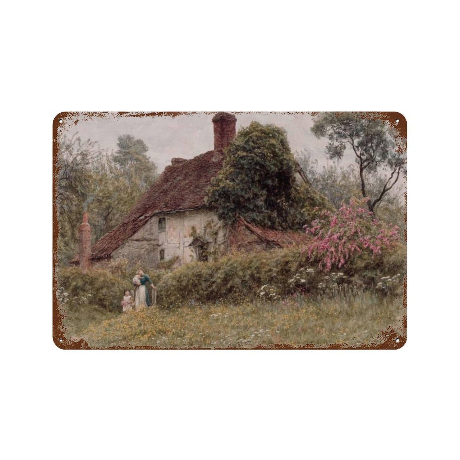 xiaoxiaoshen Vintage Country Cottage Oil Painting, Rural Landscape Wall Decor Art Metal Tin Poster Modern Home Decor Art Home Bar Shop Decorations Vintage Sign 20x30cm