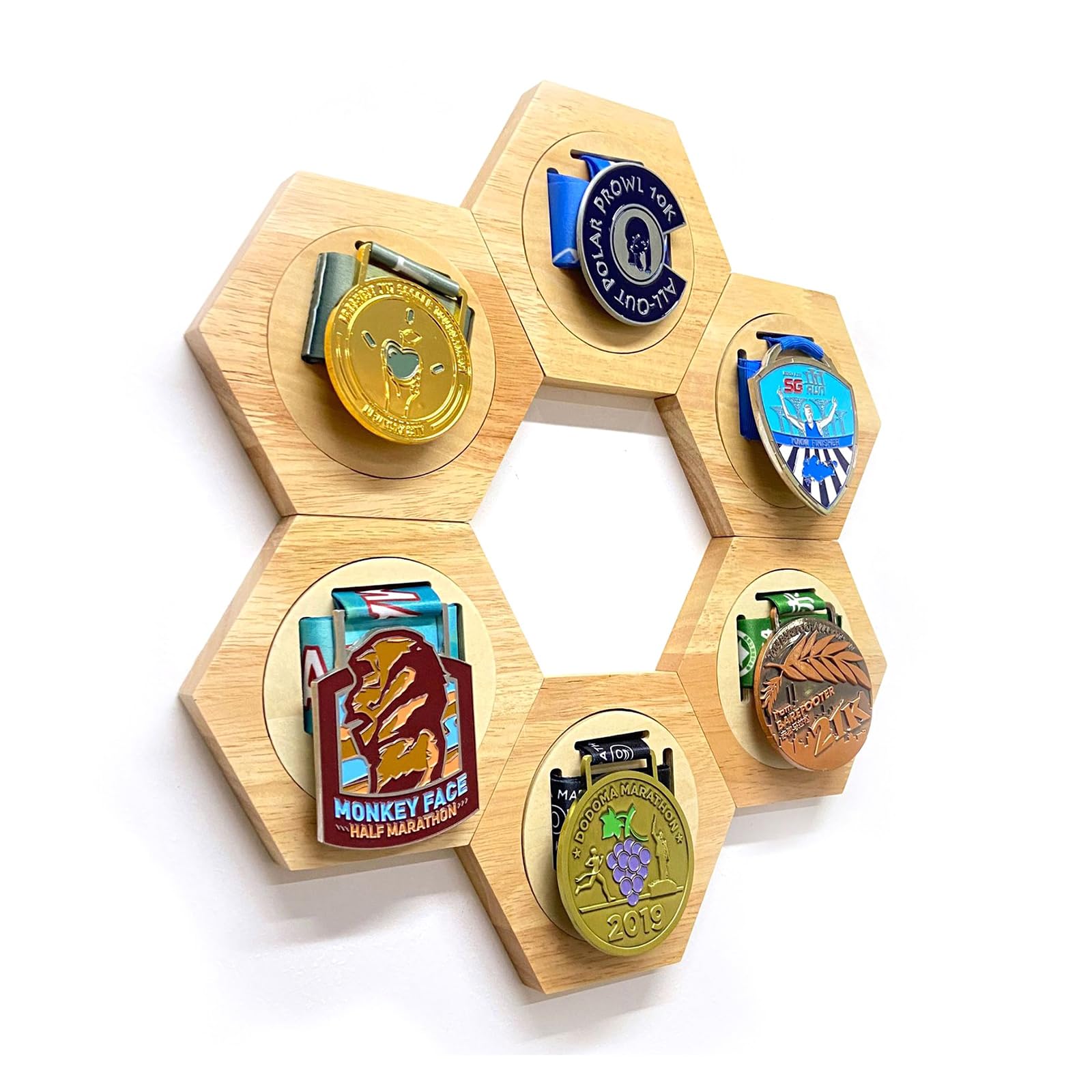 Porte-médailles avec présentoir, porte-médailles de course, support en nid d'abeille pour mur - Idéal pour les sports, les marathons et les championnats - Élégant coffret à médailles en bois