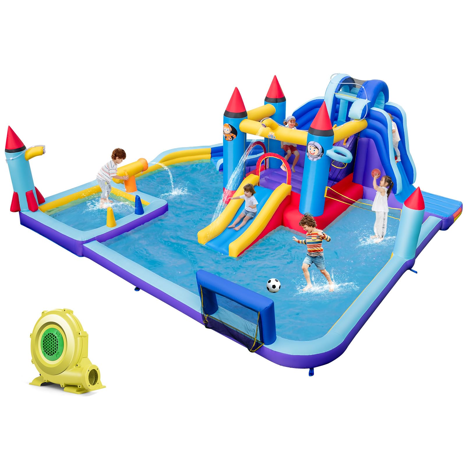 COSTWAY Castillo Hinchable Grande, 6 en 1 Castillo Hinchable Acuatico, Seco y Agua, Castillo Hinchable para Niños 3-10 Años, Insuflavel Criança Interior Exterior, con soplador, 555 x 500 x 217 cm