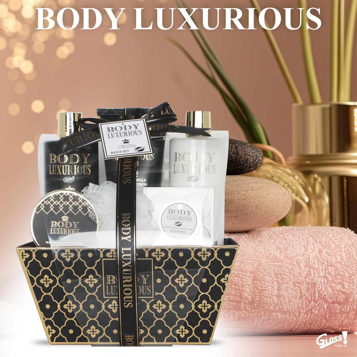 Coffret Cadeau pour Femme | Produits de Bain Vanille & Tilleul| Idée de Cadeau Original pour Femmes | Idéal Anniversaire Maman | Panier de Beauté, Soin et Bien-être | Body Luxurious Black by Gloss!