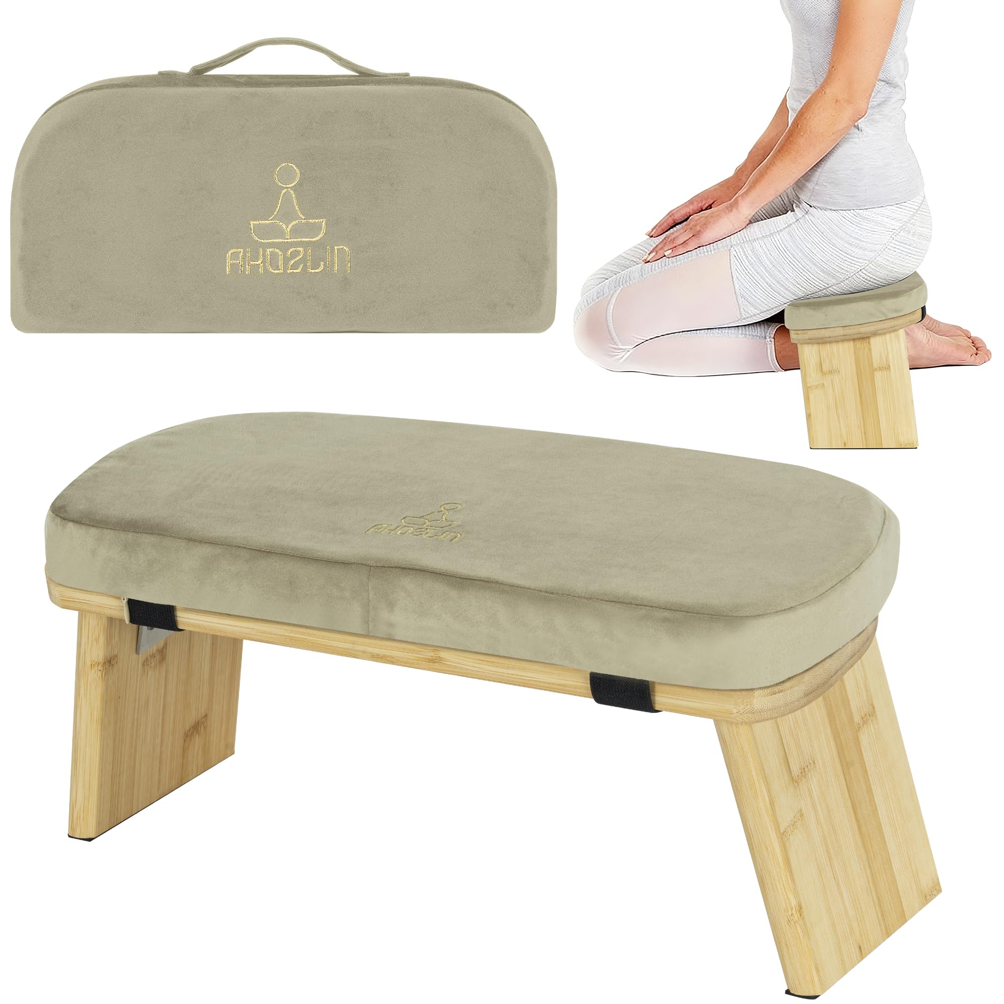 IPEB Meditationsbank,con cuscino,portabile,con borsa da trasporto,Verde | pieghevole,Yoga in bambù ergonomico, per le ginocchia e la preghiera
