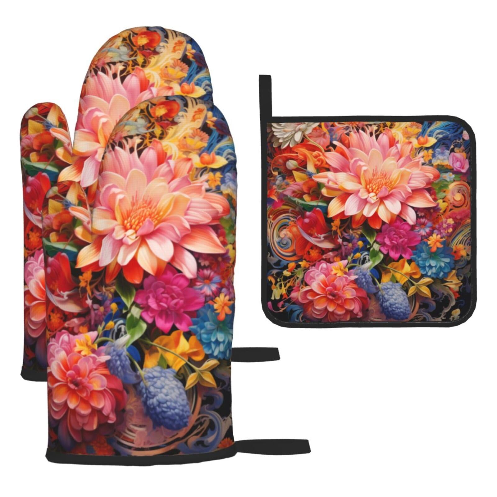 Various rotating flowers Oven mittens and oven mitts three-piece set suitable for oven, grilling, baking, microwave and home cooking.