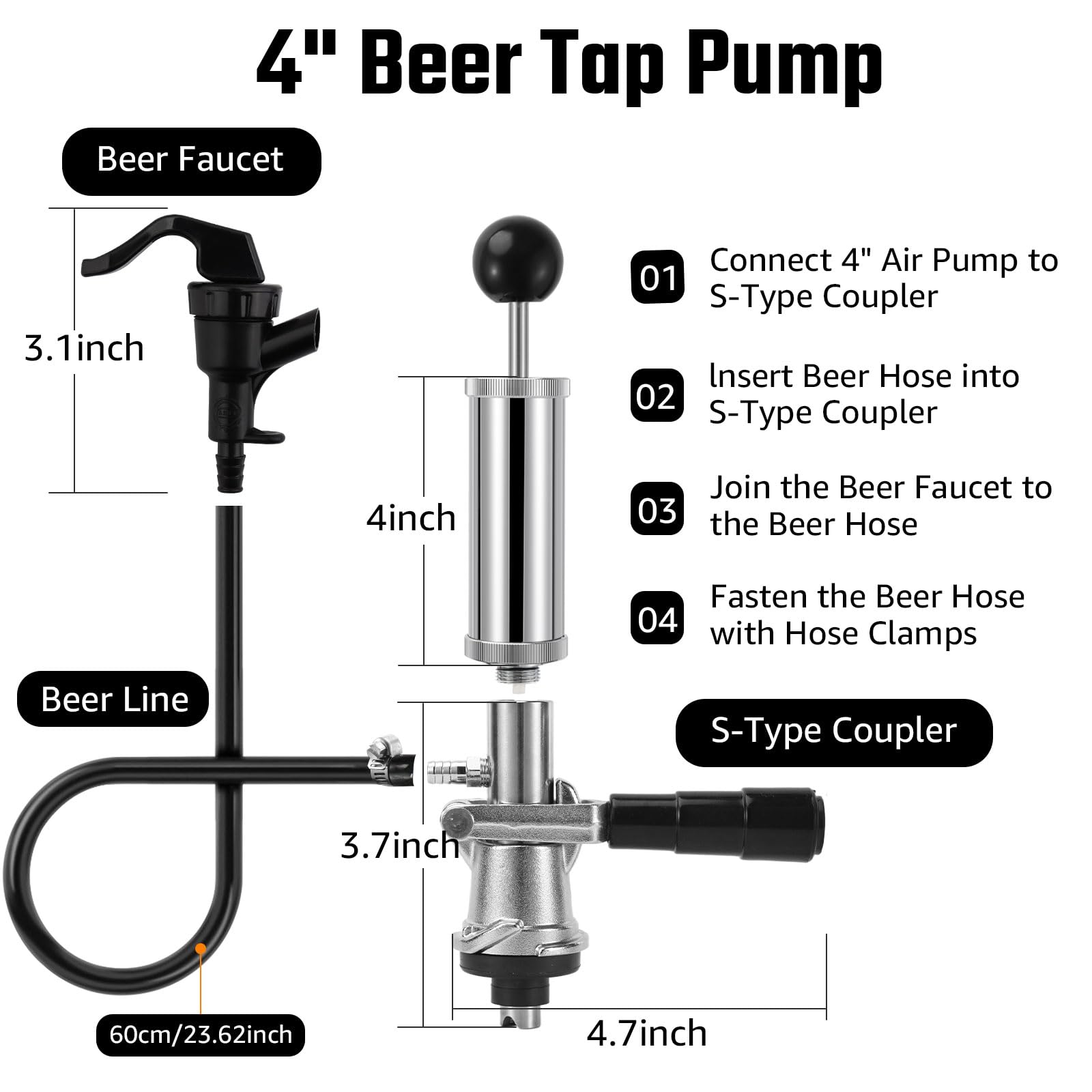 Bomba de barril de cerveza de 4 pulgadas, bomba de cerveza con sistema S europeo, dispensador de cerveza de barril, bomba de mano de barril con grifo de cerveza y manguera, bomba de fiesta de