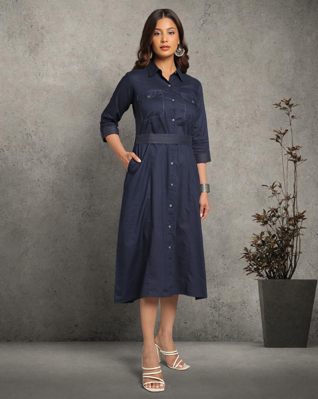 Tissu Women's Navy Blue Pure Cotton Fit & Flare Tie-Up Dress - Image 4