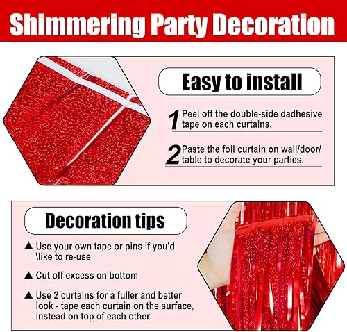 Miniatura 3 de Paquete de 6 cortinas de flecos de papel de aluminio rojo, 3.28 pies x 8.2 pies, cortinas metálicas de oropel con flecos para cabina de fotos,