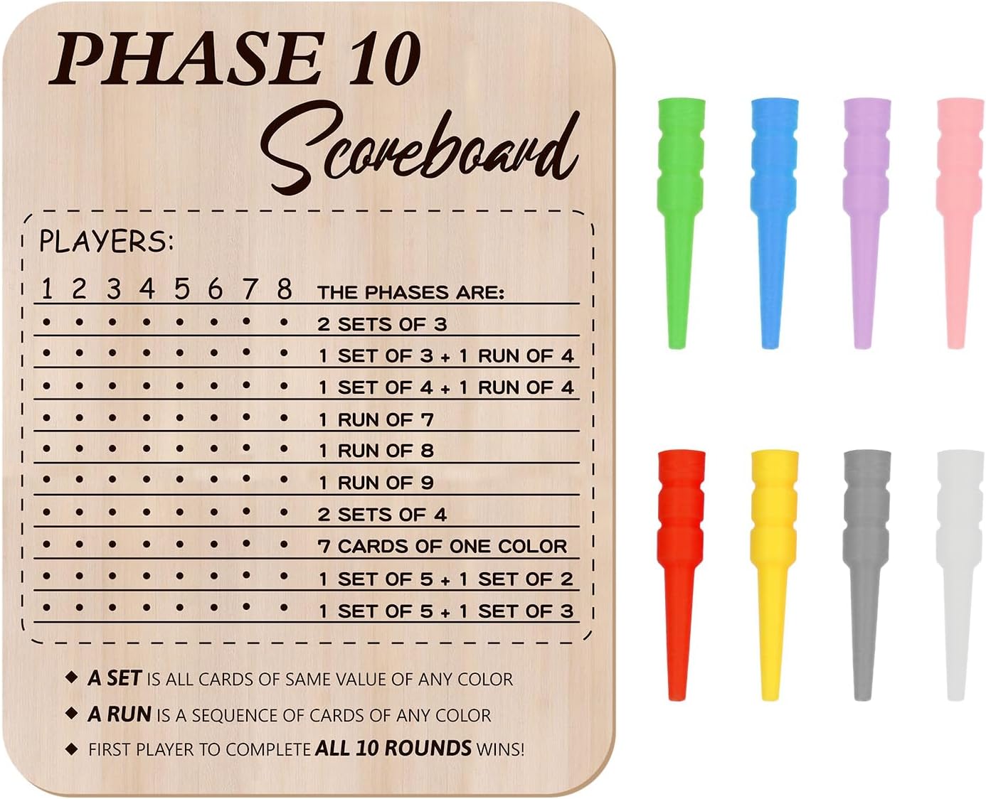 Bnesi Wooden Phase 10 Card Game Score Board Funny Score Board Games 2025 New Wooden Phase 10 Scoreboard with 8 Colored Pegs Classic Wood Score Board Fun Games for Family Party (Classic)