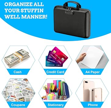 Fireproof Document Box Safe Portable File Box with Handle & Zipper Lockable Storage Box Collapsible File Organizer Document Organizer for Letter Document Valuables & A4 Suspension File Folder - Black