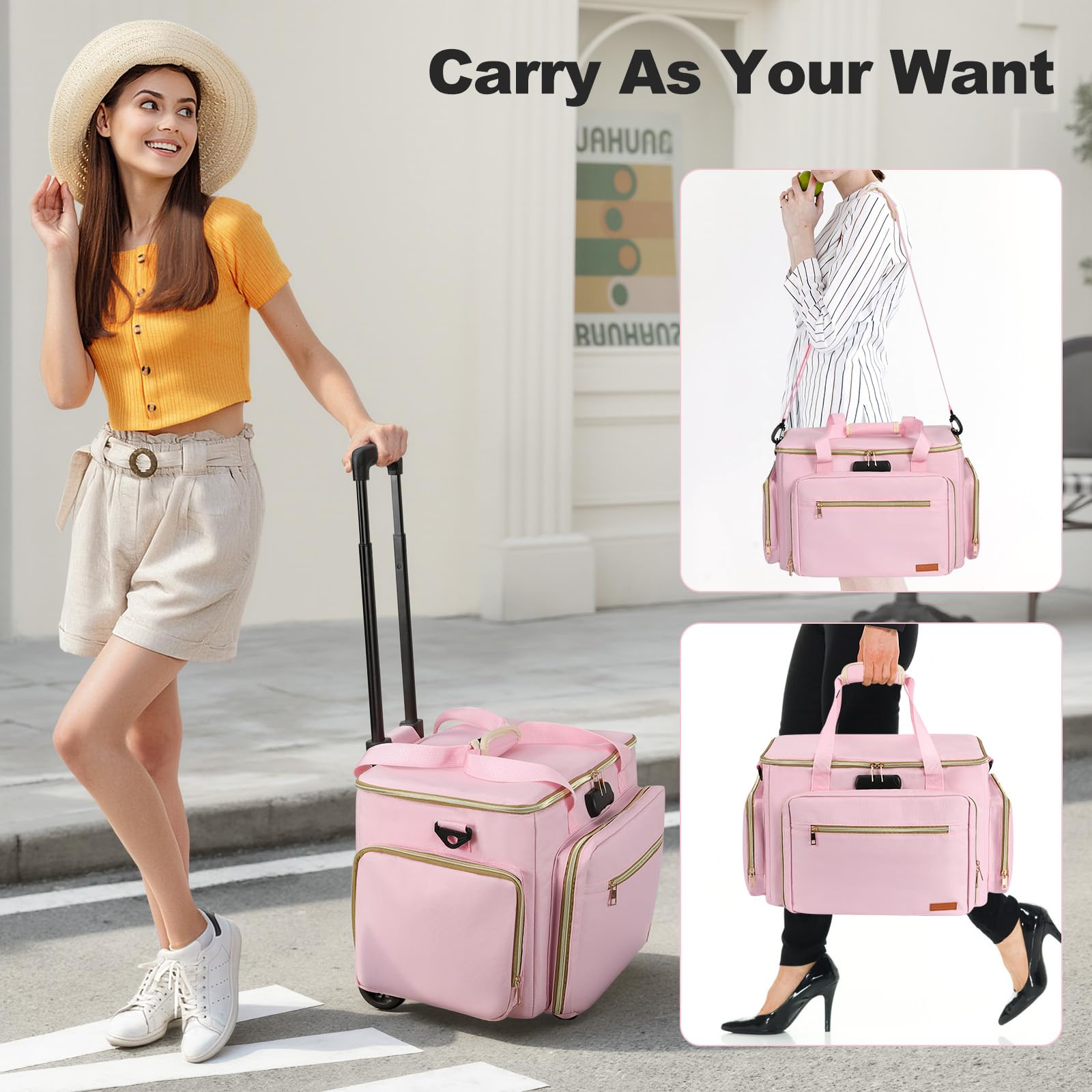 Housolution Bolsa para Maestros con Ruedas, Tote con Carro Desmontable, Estuche Portátil con Ruedas para Trabajo, Maletín con Organizador de Archivos Acordeón, Compatible con Laptop de 15,6", Rosa