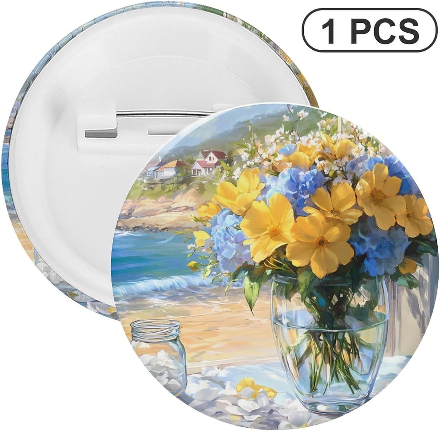 Seaside Bouquet Hydrangea Flowers Brooch Pins Fashion Tin Plate Badge Pin Gifts Round