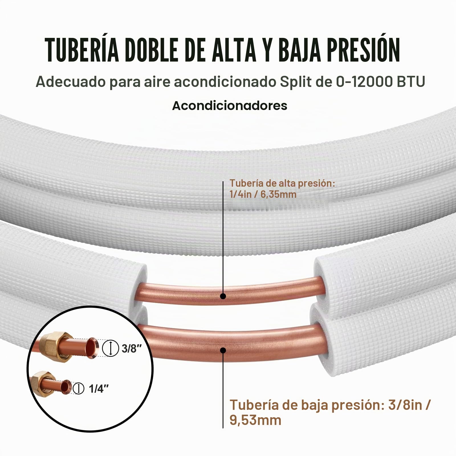 VEVOR Juego de mini línea dividida de 7620 mm, tubos de cobre de 6.4 y 9.5 diámetro exterior y aislamiento de triple capa, para equipos de bomba de aire acondicionado o calefacción y HVAC con