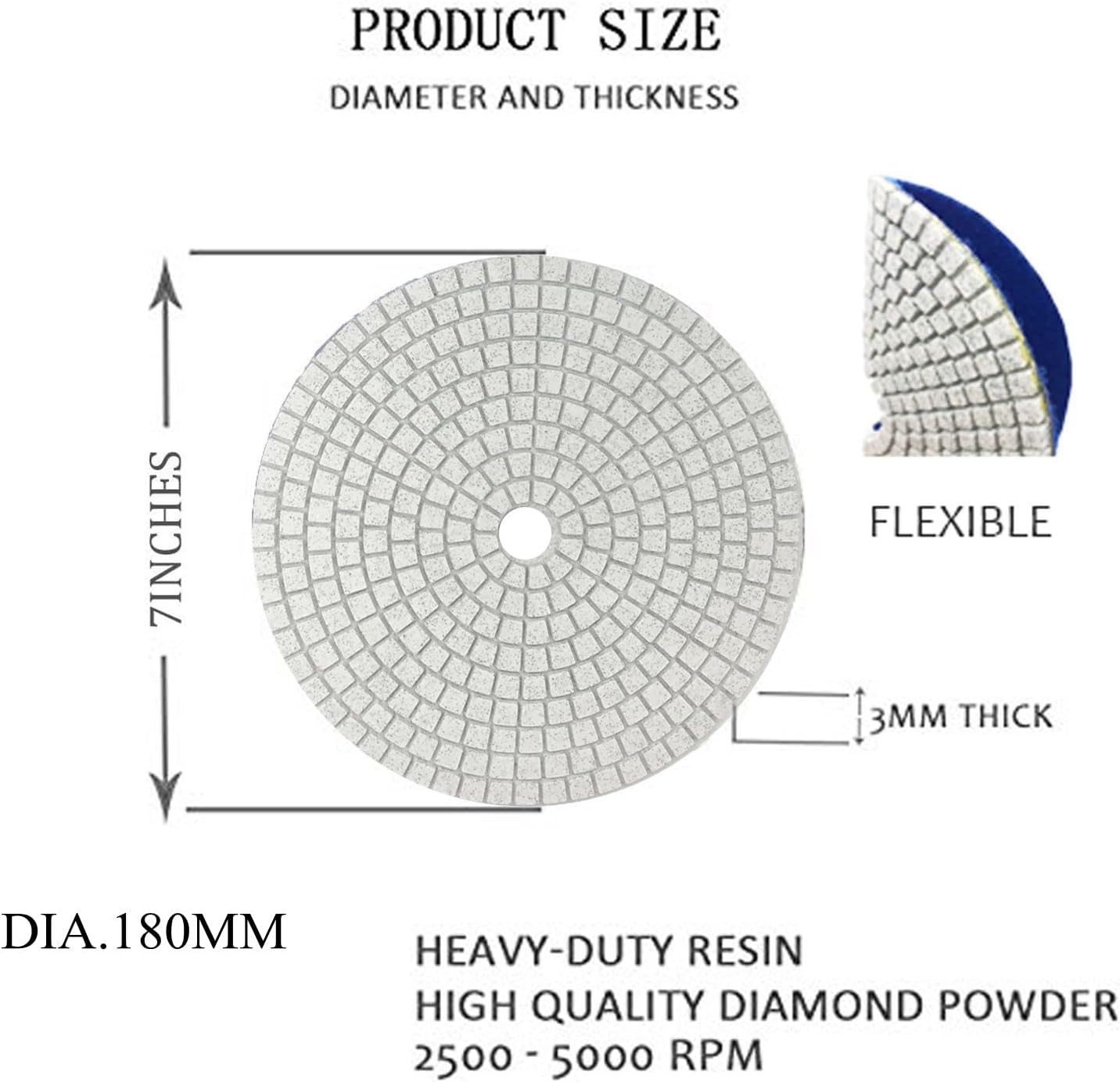 1Pc 7 inch Diamond Polishing Pad Wet/Dry Tile Polishing Pad for Grinder,for Concrete Marble Quartz Stone Countertop Granite Polishing. (Grit 50)