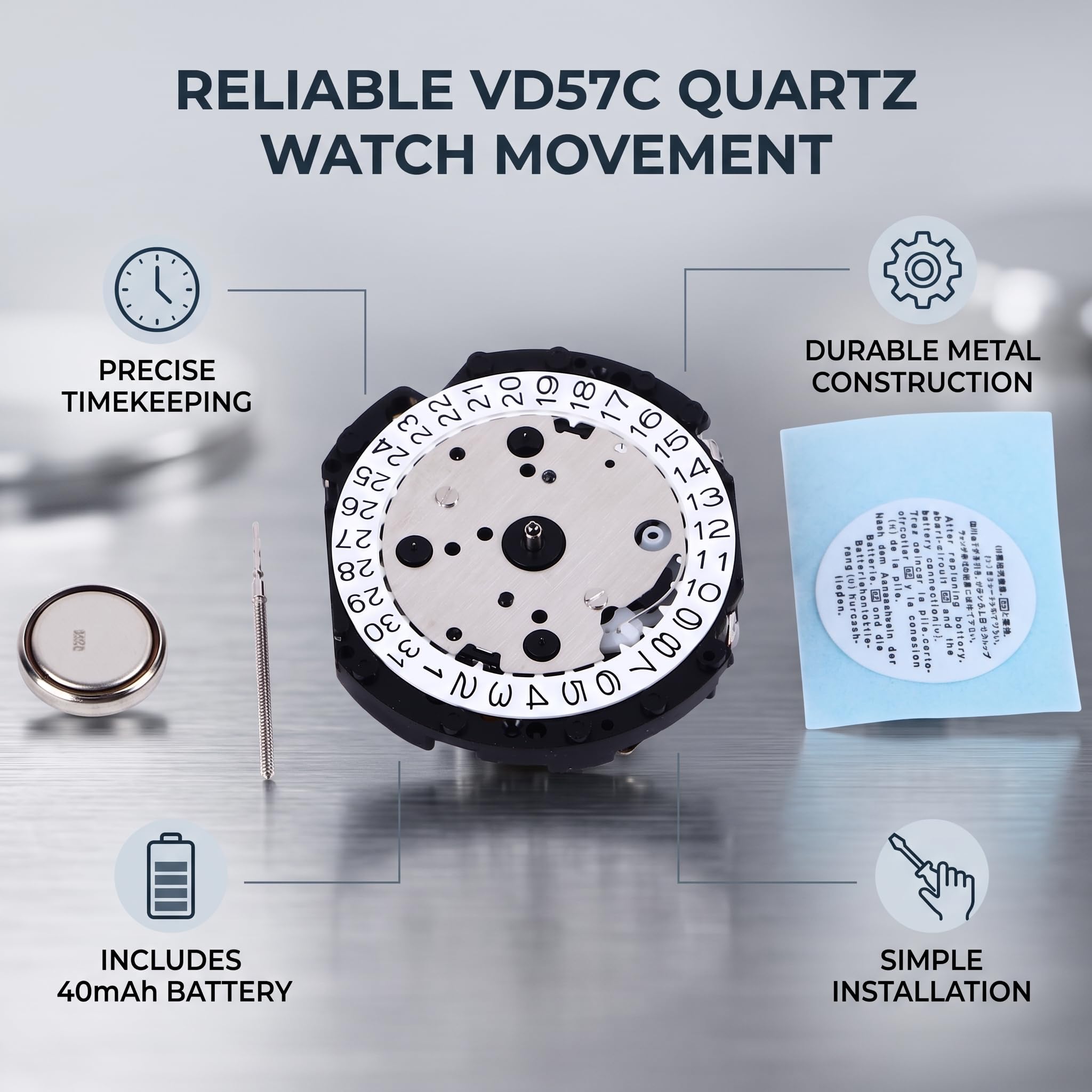 Greensen Mecanismo de Cuarzo VD57C, Movimiento de Metal para Reloj, Maquinaria de Reloj, Batería de 40 mAh Incluida
