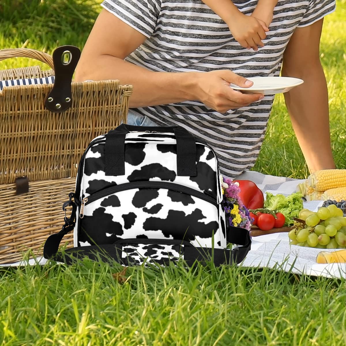 Insulated Lunch Bag Tote With Shoulder Strap - Reusable, Leakproof, Cute Cow Print, For Work, School, Picnic