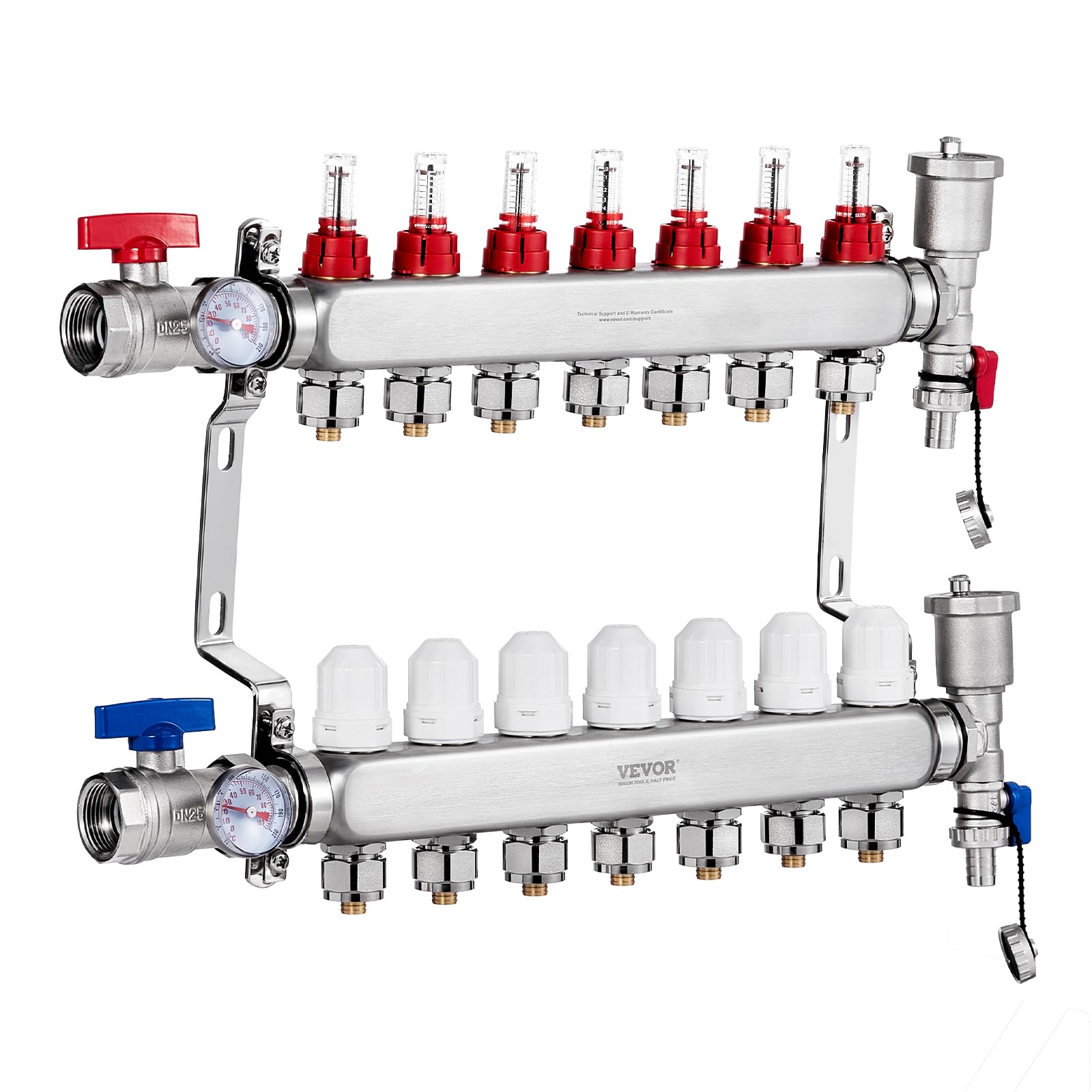 VEVOR Colector de Calor radiante de 7 Derivaciones, Colector de Tubería PEX de Acero Inoxidable SUS304 para Calefacción por Suelo Radiante Hidrónico, con Adaptadores, 540 x 370 x 110 mm, 0-5 L/min