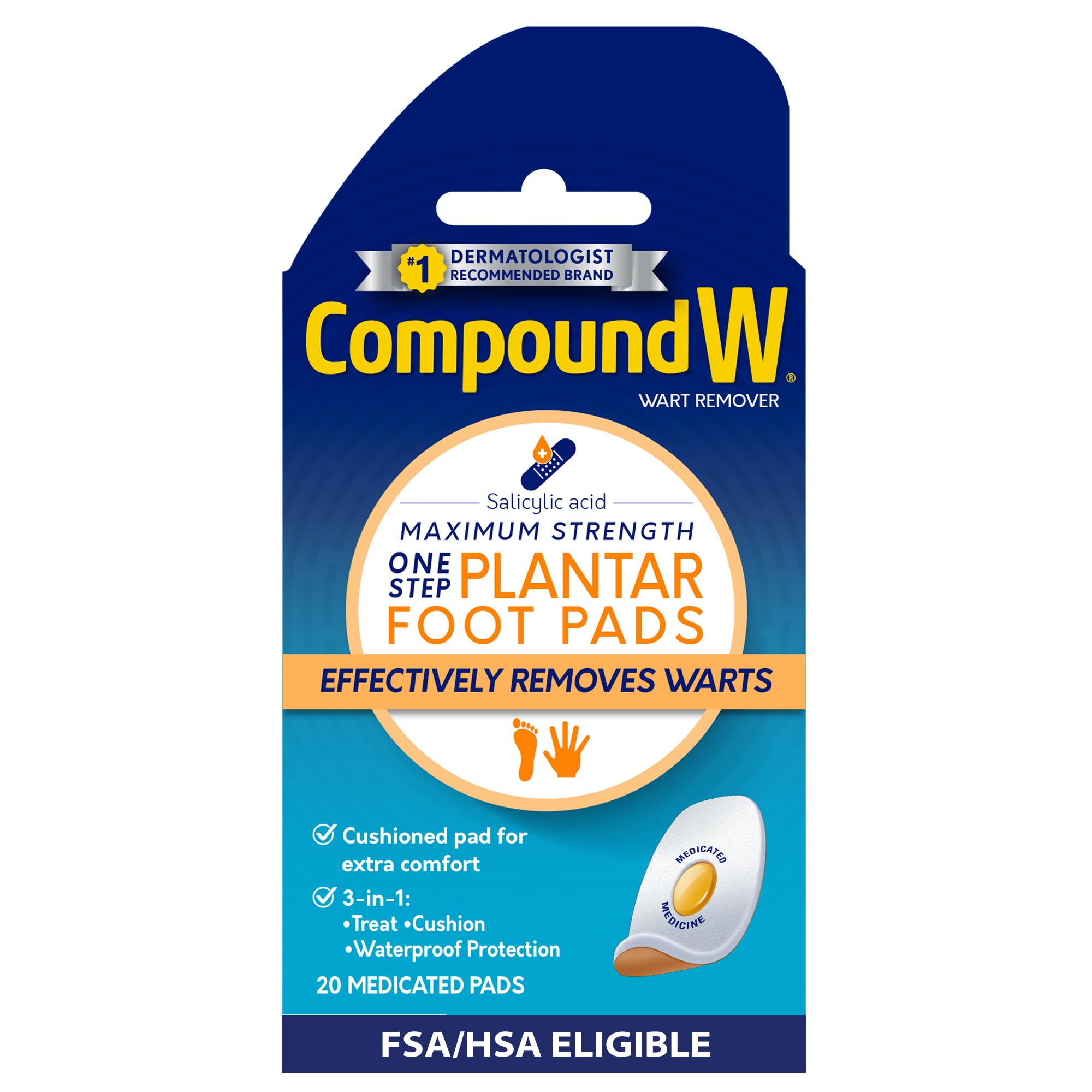 Compound W Maximum Strength One Step Plantar Wart Remover Foot Pads, 20 Count
