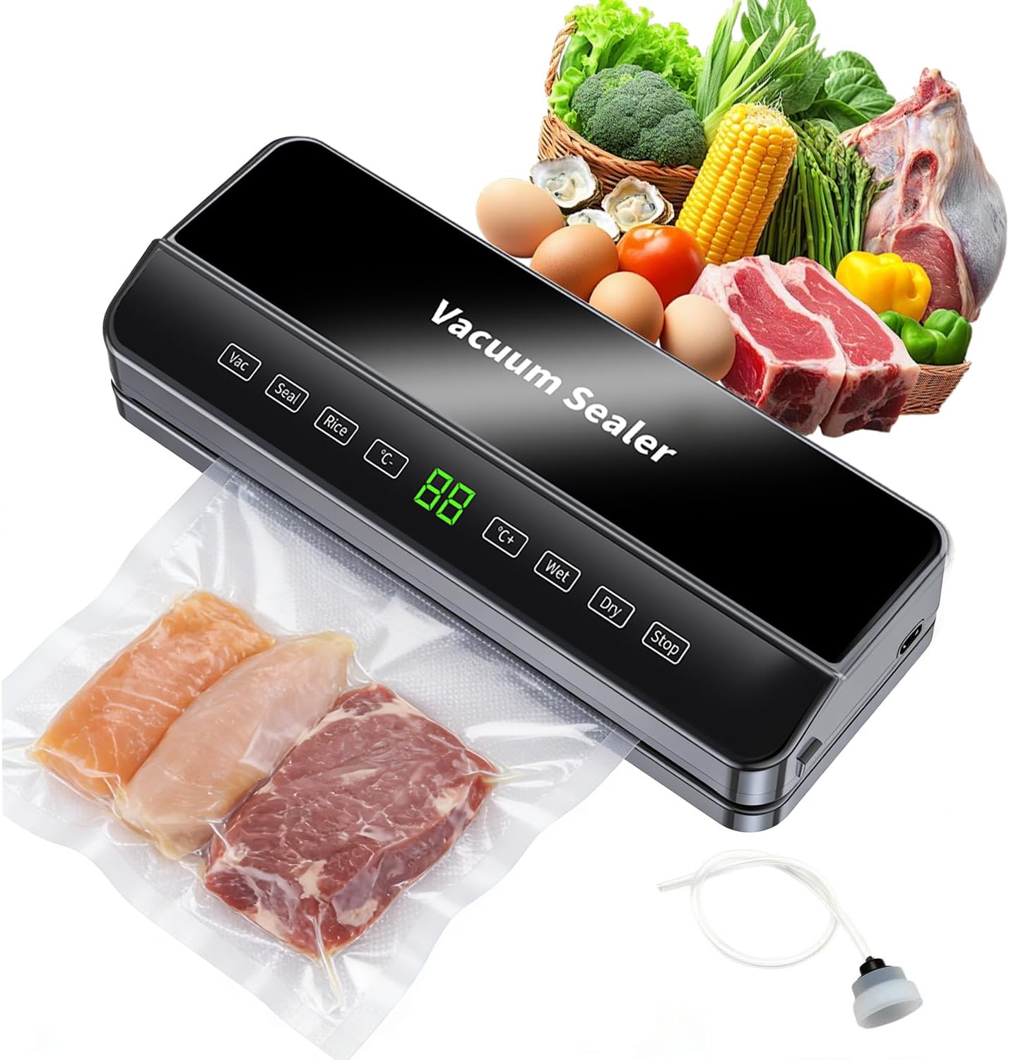 Vacuum Saver Food Sealer Machine Features 9-Temp Control And a Built-in Cutter,10 TexturedVacuumBags,120W,75KPa Vacuum System. Dry Moist Fresh Modes for All Saving Needs (Black)