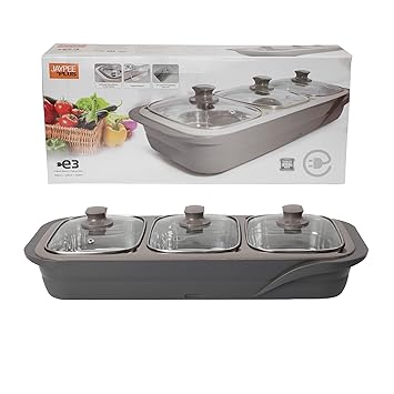 Jaypee Plus 3 Bowl Electrical Chafing Dish,1000ml Each,Grey | Stainless Steel 3 Dish Food Warmer & Buffet Server |3 in 1 Electiric Bowl for Food
