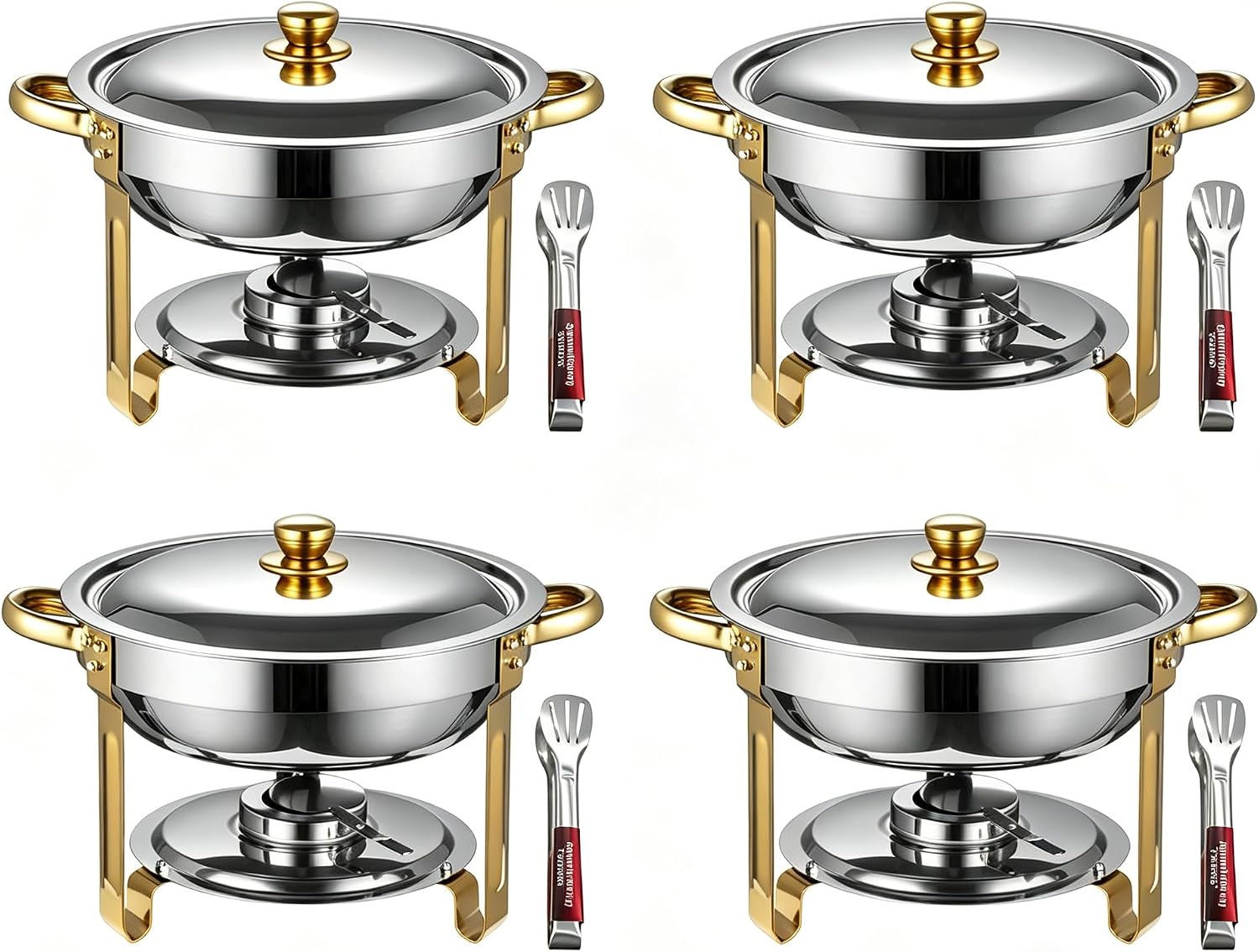 Chafing Dishes for Buffet 4 Pack, 6QT Round Chafing Dishes for Buffet [Elegant Gold and Silver Colors] Stainless Steel Chafing Dish Buffet Set for Any Party (6 Food Clips)
