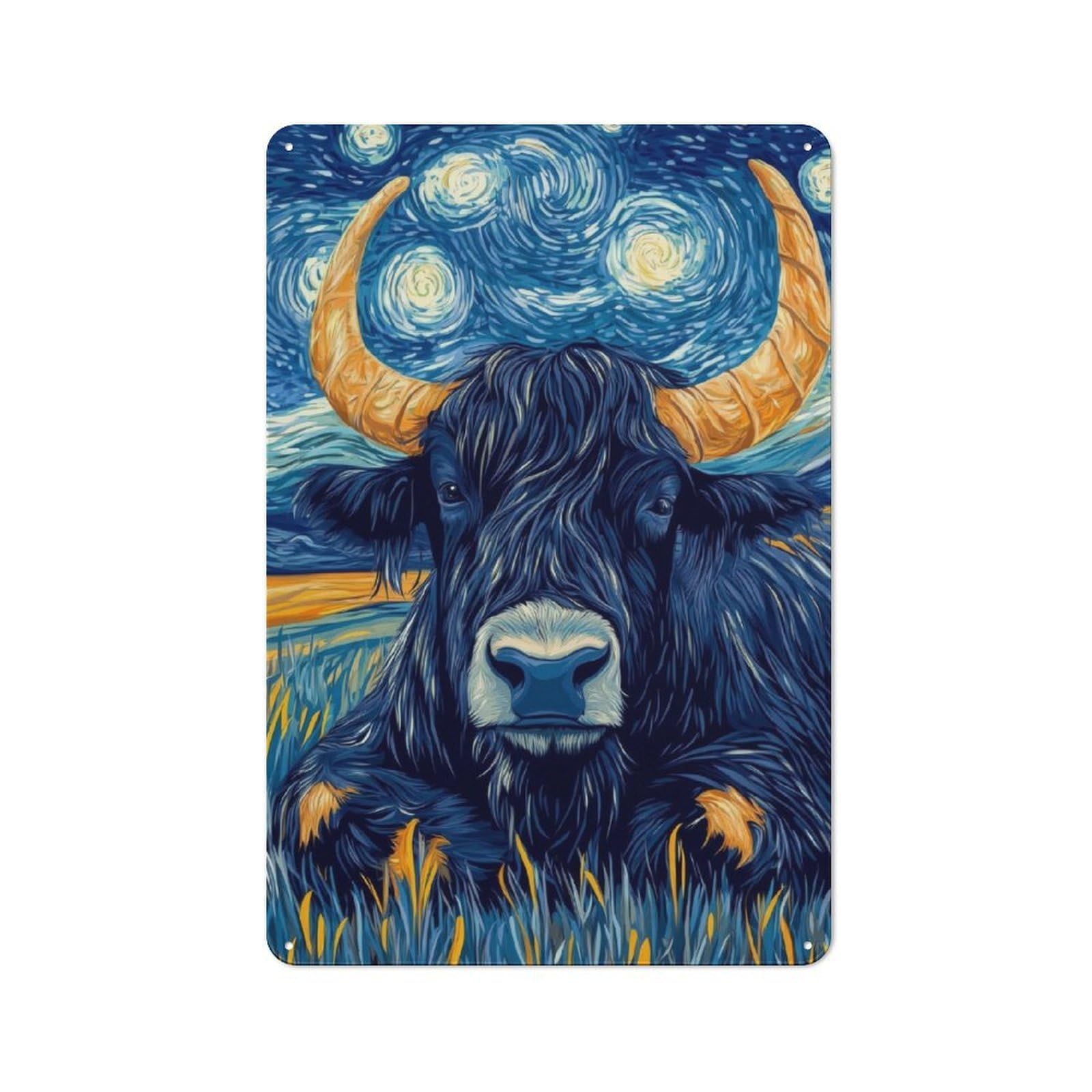 Junmoney Starry Night Bull Garage Style Decorative Metal Plaque 30X20cm, Garage Wall Decor For Workshop, Basement, Shed Or Games Room