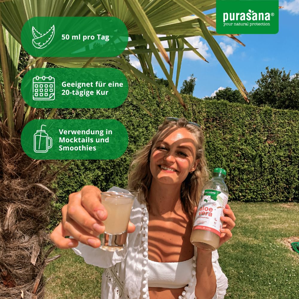 Purasana® Aloe Vera Saft Trinkgel 99,3% - 1L, Reines Kaltgepresstes Aloe Gel aus dem Inneren des Blattes, Fördert Hautgesundheit & Hydratation, Vegan & Bio-Zertifiziert