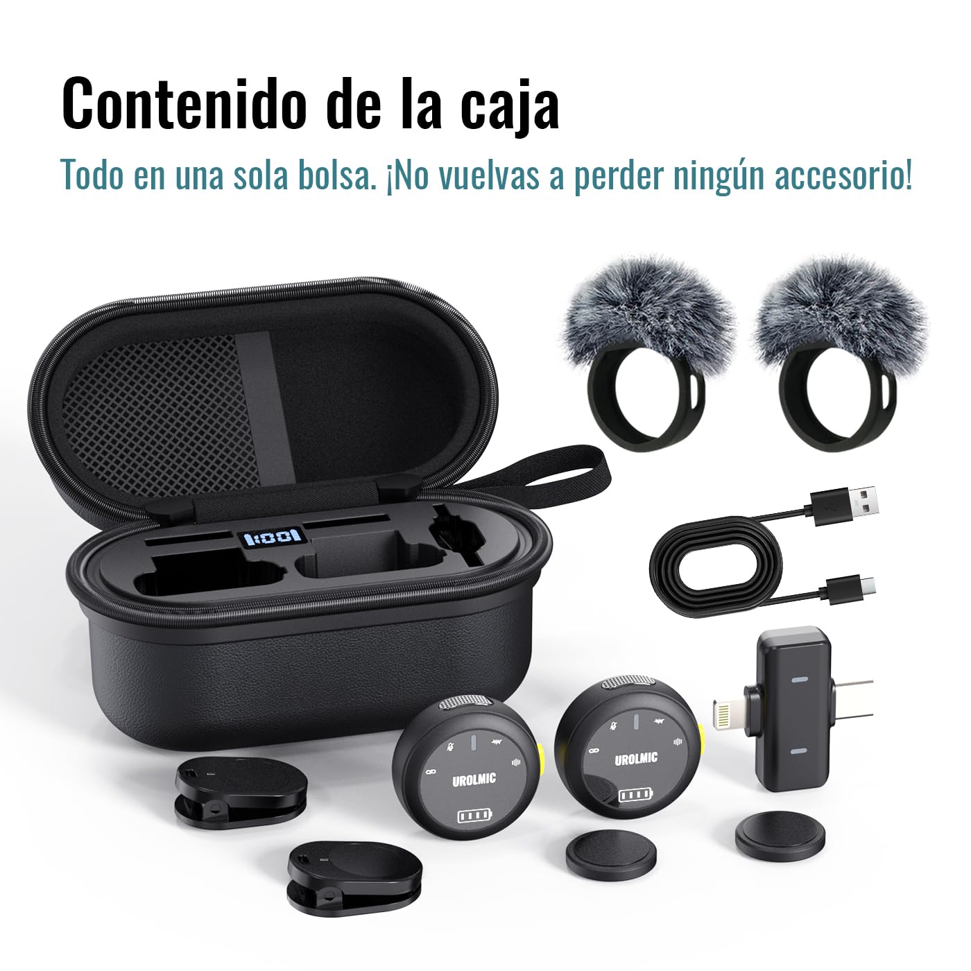 Micrófono Inalámbrico 2 en 1 para iPhone y Android, 40h Batería, 55m Alcance, Cancelación de Ruido, Micrófono de Solapa con Imán para Grabación