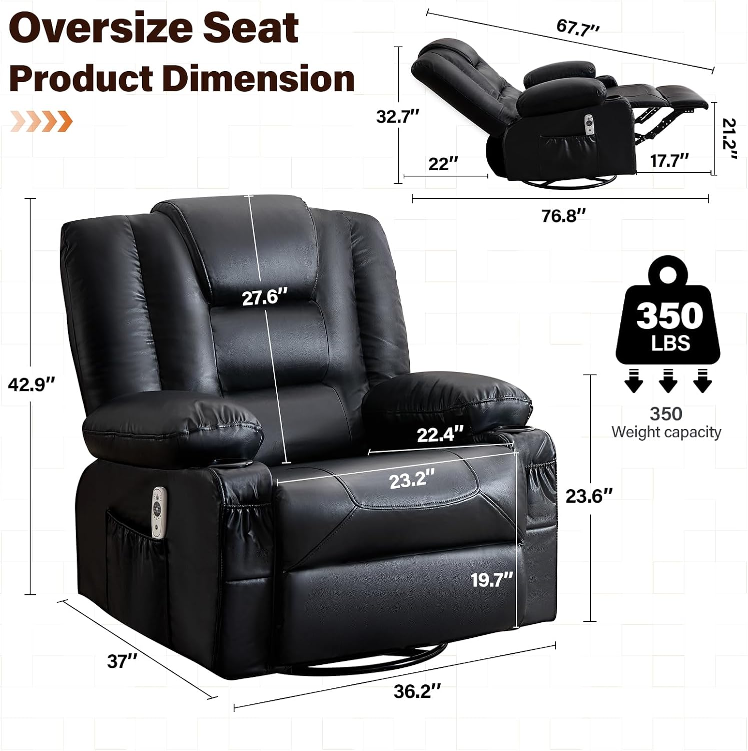Detailed product dimensions of the MAHOMICO Swivel Rocker Recliner Chair