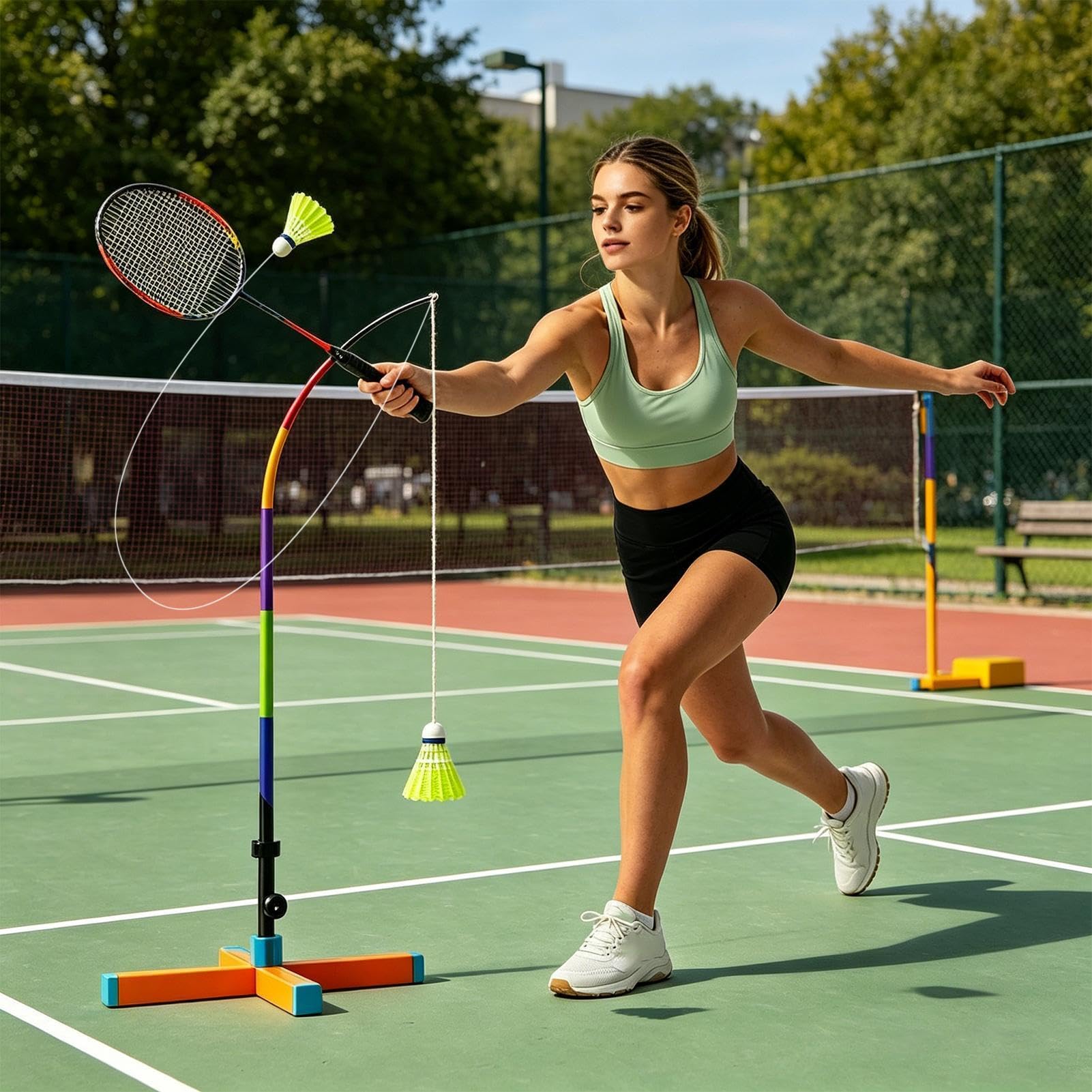 Entrenador de Bádminton con Rebote Automático Base Estable de Altura | Kit Entrenamiento Bádminton para Salón, Balcón, Gimnasio, Pista, Parque, Jardín, Principiantes, Niños y