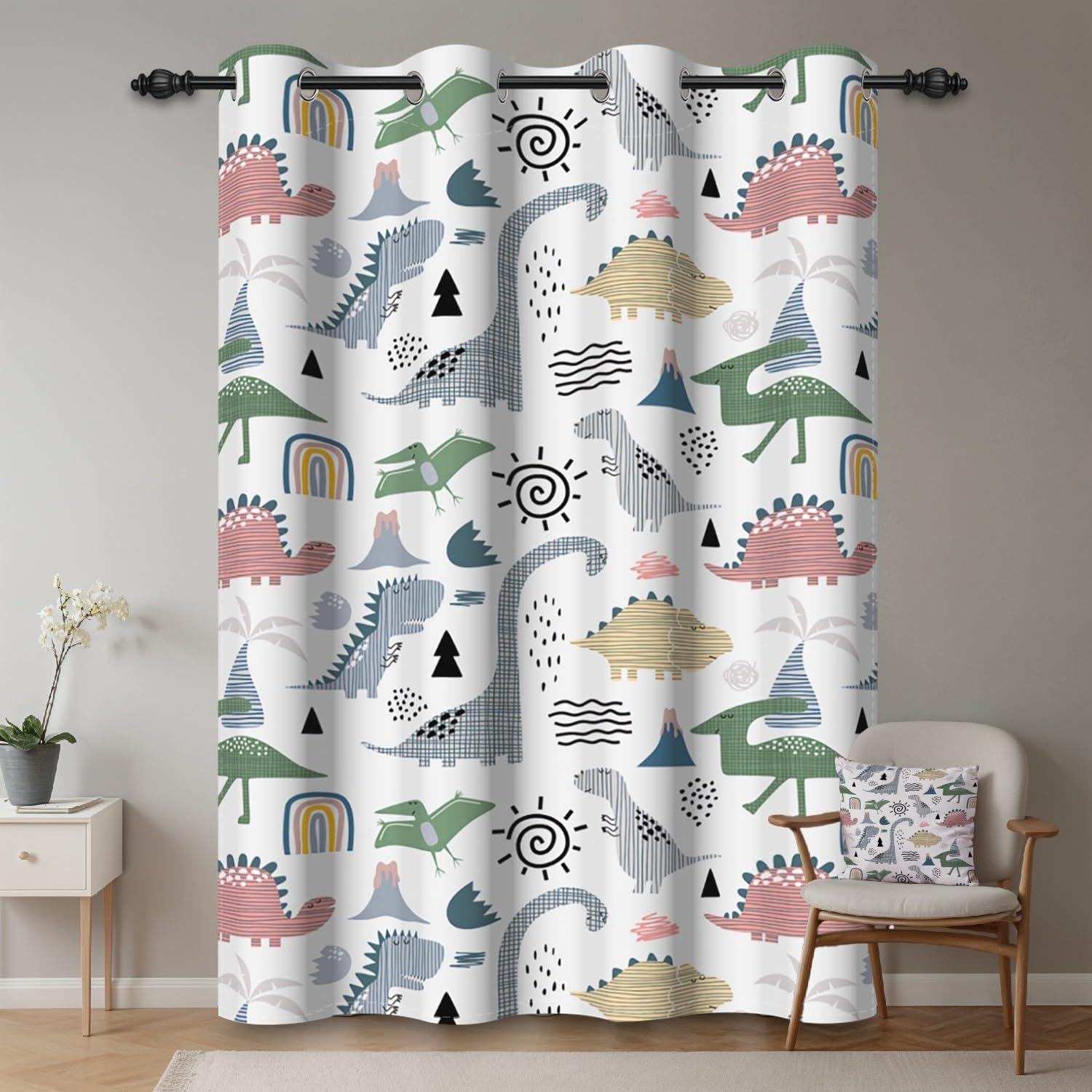 Tende Oscuranti A Pannello Con Dinosauri Cartoon, 2 Pannelli 107x160 Cm, Blu, Per Cameretta Bambini, Con Occhielli, Termiche E Isolanti - 3
