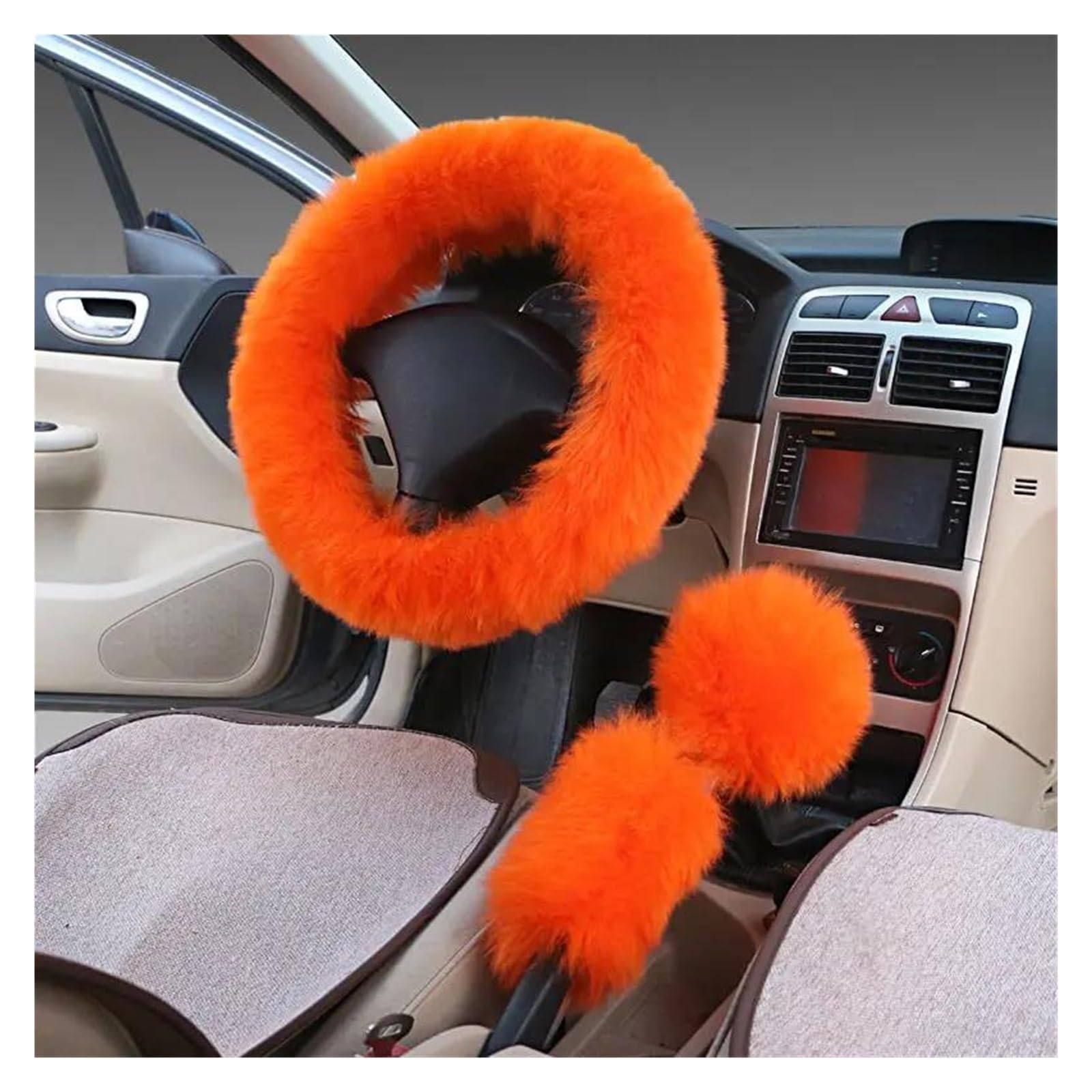 HYQHYX Steering Wheel Cover 3PCS Steering Wheel Cover Set Auto Plush Warm Fluffy Fuzzy Car Accessories For Women Girl Steering Wheel Protector (Color : Orange)