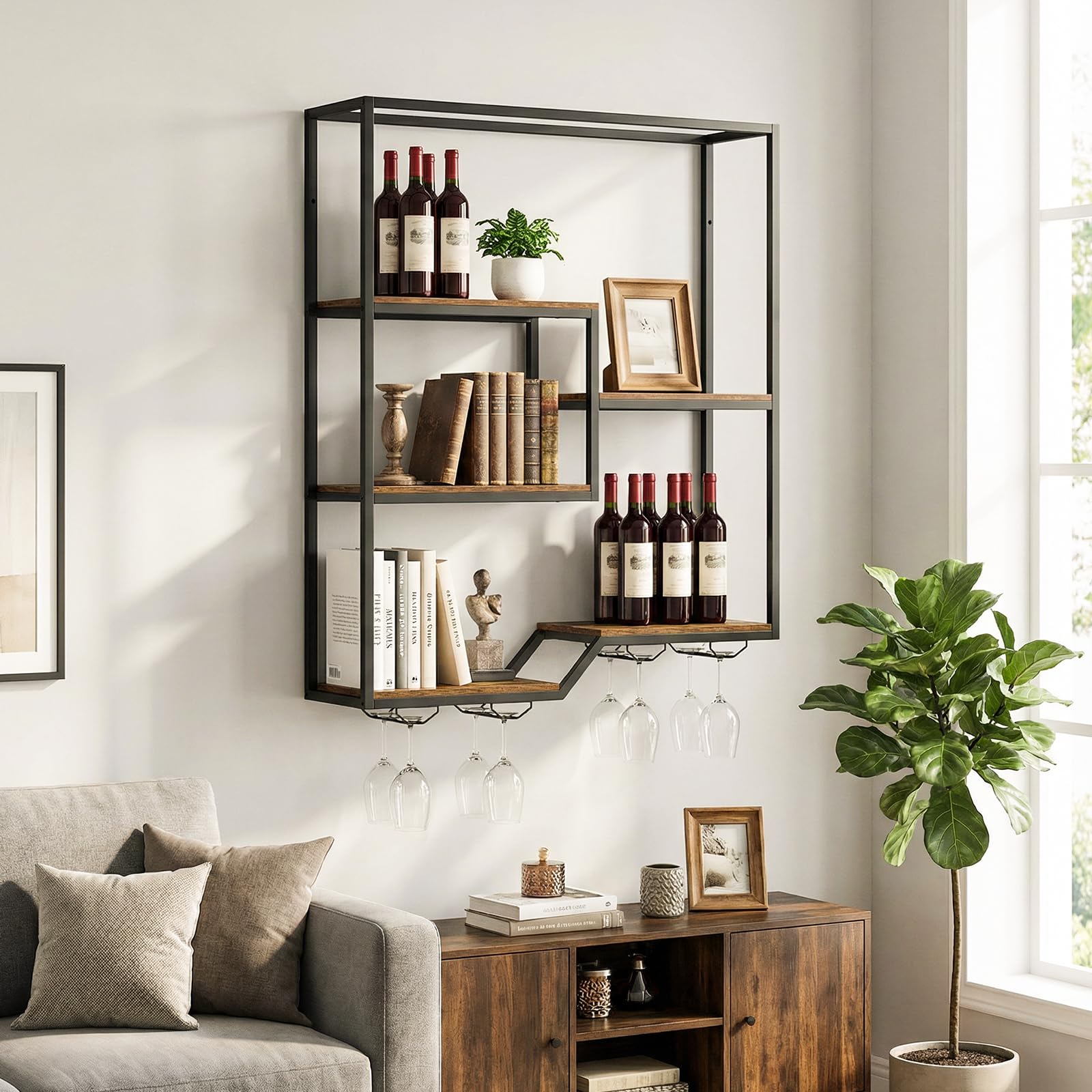 COSTWAY 102 cm Estante de Pared para Vinos, Botellero Colgante de 6 Niveles con Estante para Botellas y Soporte para Copas, Estructura Metálica, Soporte Flotante para Exhibición de Vino, Bar, Comedor