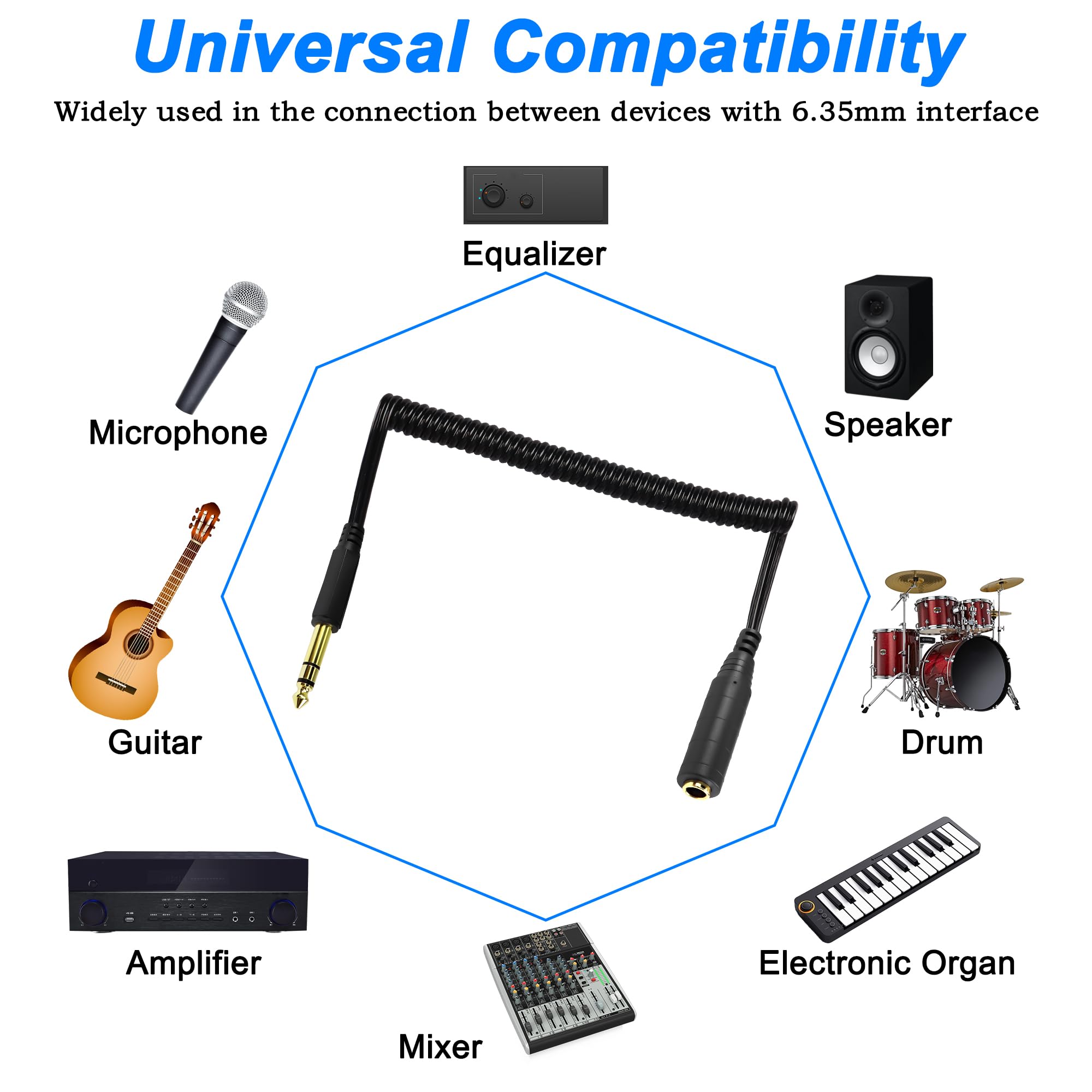 Câble Audio Spiralé 6,35 Mm TRS Mâle/femelle - Extension Pour Guitare, Ampli, Clavier, Micro - Longueur Câble Audio Spiralé 6,35 Mm TRS Mâle/femelle - Extension Pour Guitare, Ampli, Clavier, Micro - Longueur