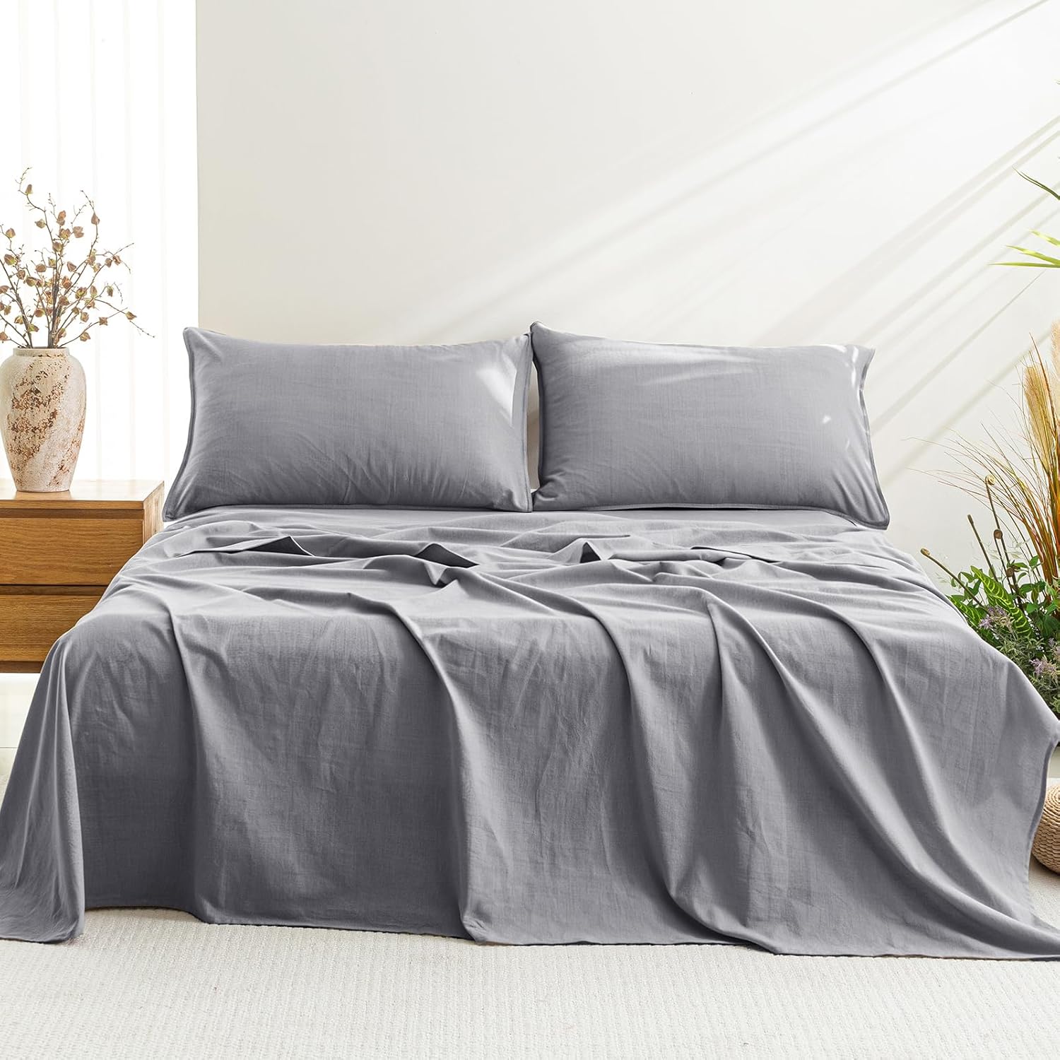 Linen Sheets Queen Size, Blend from Linen Cotton Bedsheets, Natural Flax,Breathable Soft Durable Sheet Set,16" Deep Pocket,All Seasons,4 Pieces (Grey, Queen)
