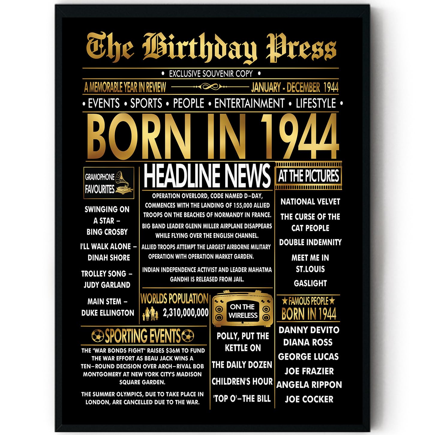 Stuff4 Men's 1944 Gold 82Nd Birthday Poster Framed - Golden Born In Newspaper - Happy 82 Birthday For Wo Retro Vintage Gifts Back In 8X10 Inch Bday Party Decor Decoration