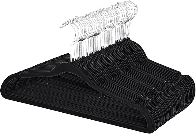 K-ONE Set of 50 Velvet Hangers Non-Slip Strong High Standard 360 Degree Swivel Hooks Space Saving Ultra Thin-coat/Cloths/Shirts/Suits Hangers Black