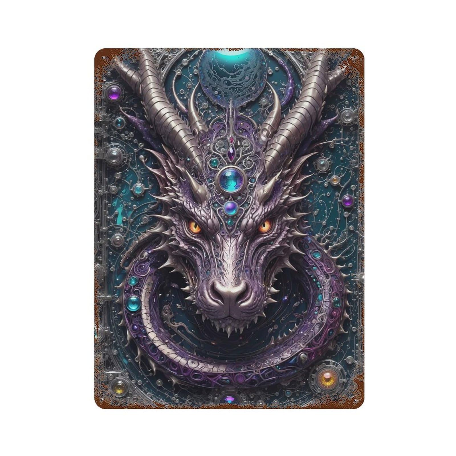 Quantum Dragon Portrait Aged Metal Wall Plaque 15.7"x11.8", for Pub, Kitchen And Man Cave Decor, Decorative Metal Wall Art