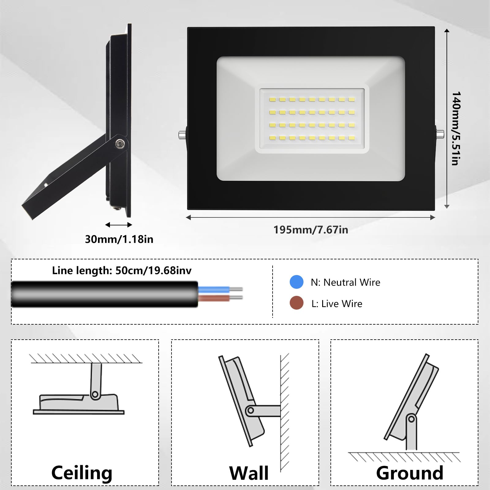 loyal Proyector LED 12V DC, 30W LED Proyector IP65 Resistente al agua, 6000K Blanco frío LED luces de pared al aire libre, 3000LM LED proyector para jardín, patio, terraza, garaje,10-piezas