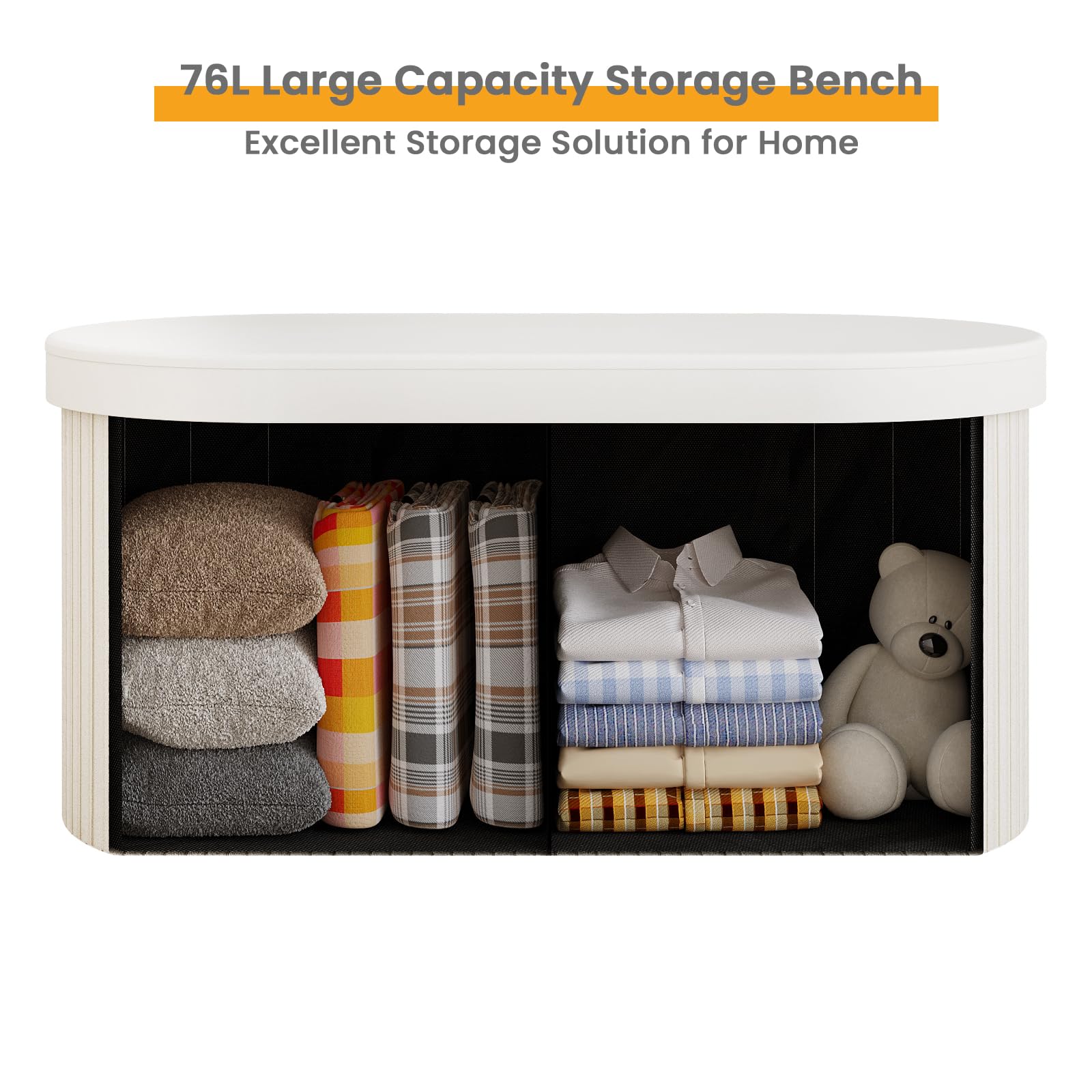 WOLTU Panca Contenitore, Cassapanca Contenitore Interno 76L, Poggiapiedi da Divano Pieghevole, Coperchio Rimovibile, per Soggiorno, Camera da Letto, 76x38x38cm, Crema