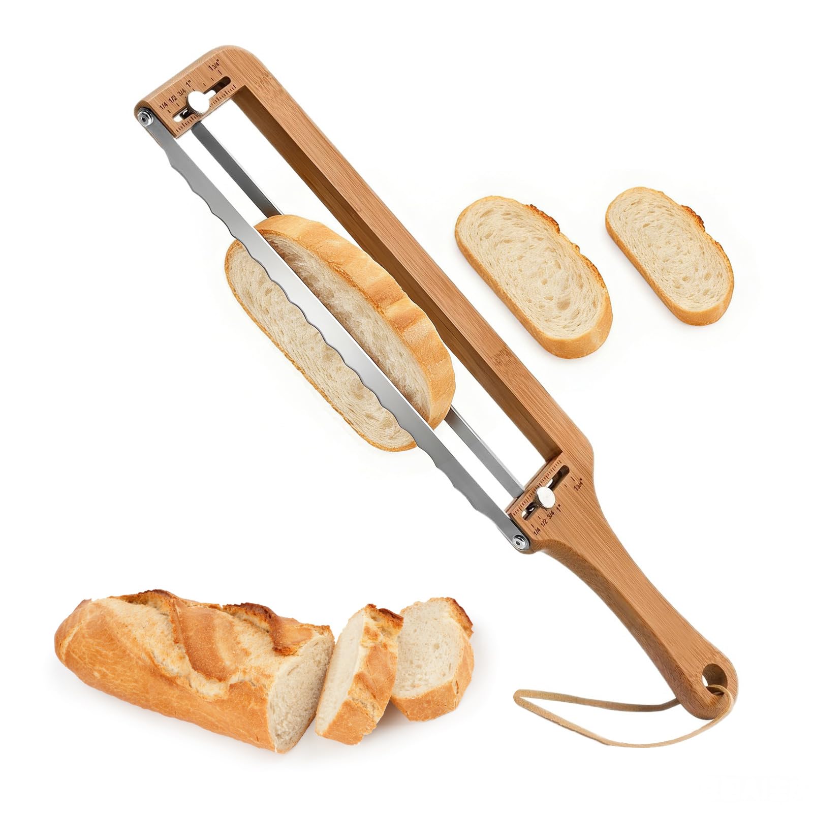 OUGPIU Bread Slicer for Homemade Bread Adjustable Wooden Sourdough Bread Knife with Thickness Guide,Cutter Tools for Crusty Sourdough Baguette Bagels,Ambidextrous Use