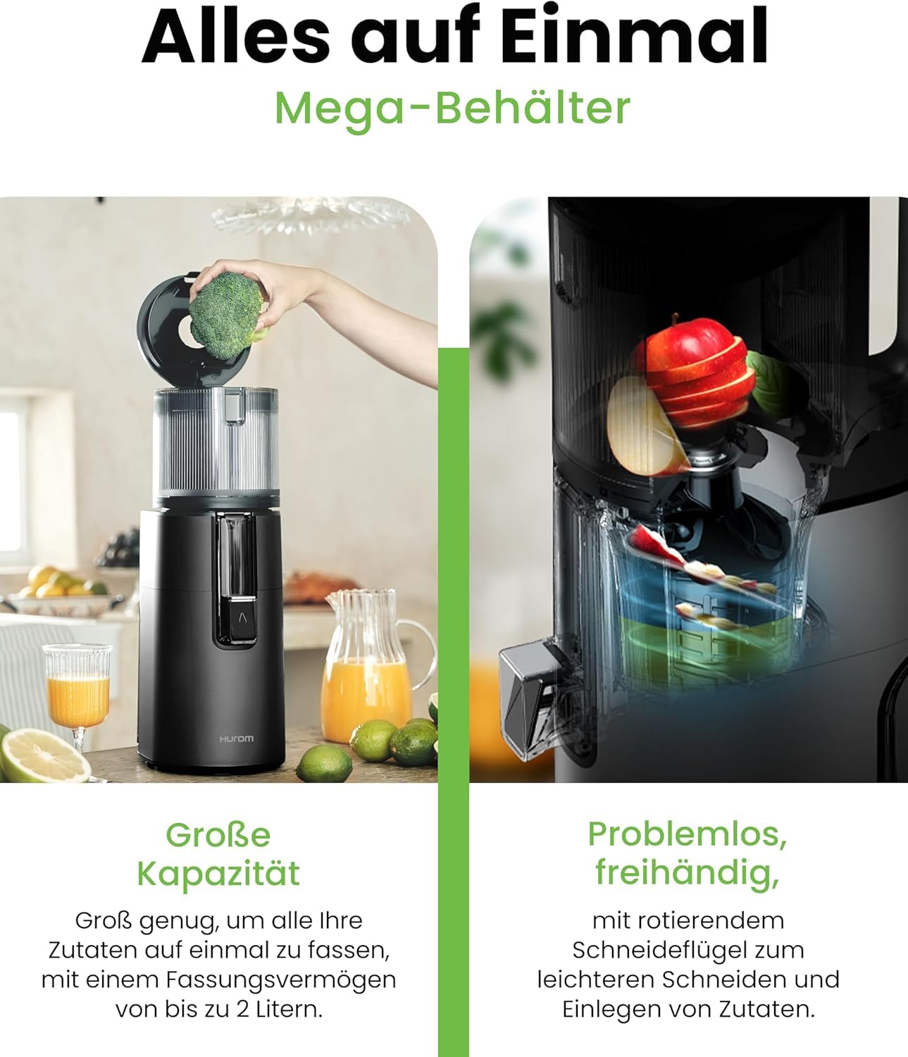 Hurom Slow Juicer | Entsafter Gemüse und Obst | H400 | Leicht zu Reinigen & Leiser Motor Elektrischer Entsafter mit großem Behälter und Siebfilter 2L | 150 Watt | BPA Frei | Schwarz