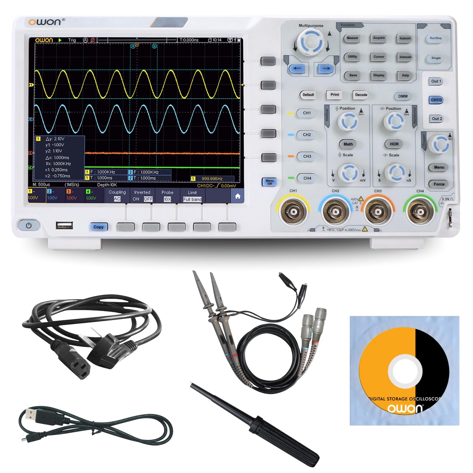 OWON XDS3104AE Oscilloscope 100 MHz, 4 Channels Standard with Multi- Touch Screen I2C / SPI / RS232 decoding/CAN decoding + DMM + WiFi + VGA + Battery
