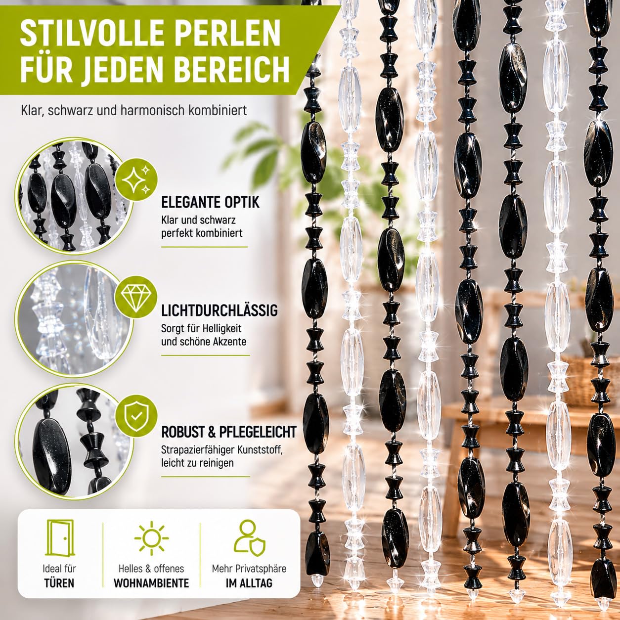 Kobolo Türvorhang PEARL, 90x200 cm, 72 Stränge, schwarz-transparent, eleganter Perlenvorhang aus Kunststoff, ideal als Fliegenvorhang, Raumteiler oder Türdeko