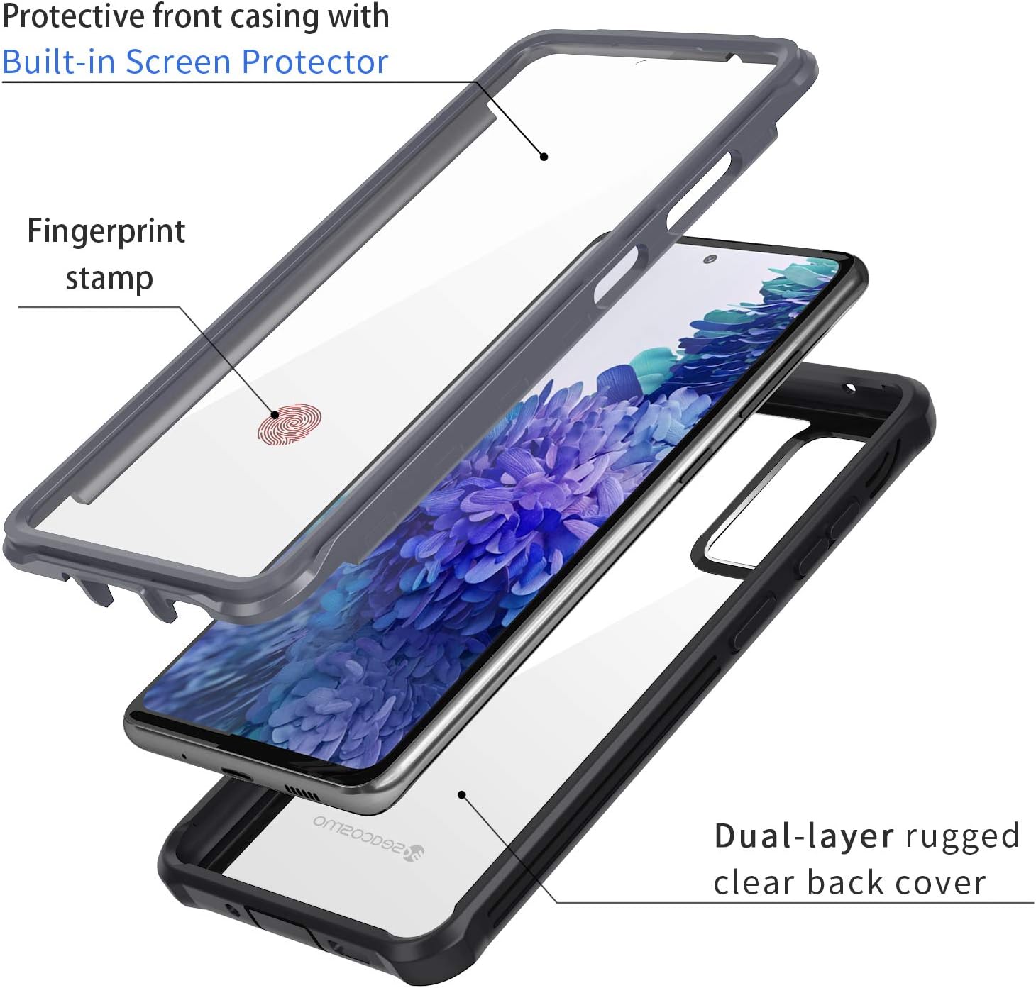 seacosmo Samsung S20 FE Case, Full Body Shockproof Cover [with Built-in Screen Protector] Slim Fit Bumper Protective Phone Cover for Samsung Galaxy S20 FE 5G- (Black/Clear)