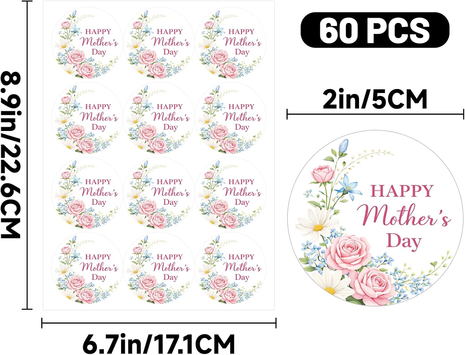 Happy Mothers Day Stickers 2 Inch Mother's Day Stickers 60Pcs Large Round Mothers Day Gift Sticker Self-Adhesive Floral Sticker Labels for Envelope Seals Cards Party Favors (Pink and Blue) thumbnail