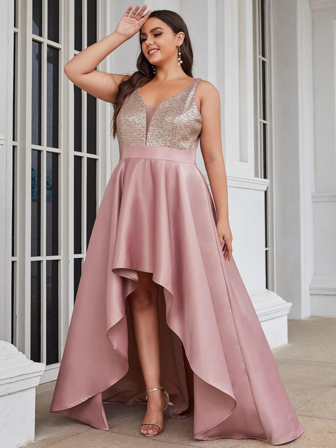 Ever-Pretty Plus Women's Elegant V Neck Sleeveless High Low A Line Sequin Satin Plus Size Cocktail Formal Dresses - Image 5