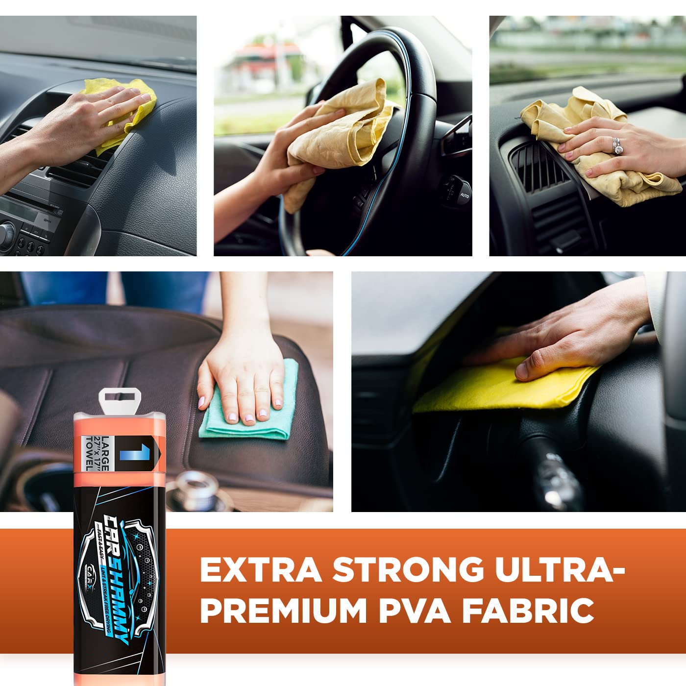 CarX Toalla Shammy para coche, 27 x 17 pulgadas, súper absorbente y sin arañazos, paño de gamuza para coche (naranja)