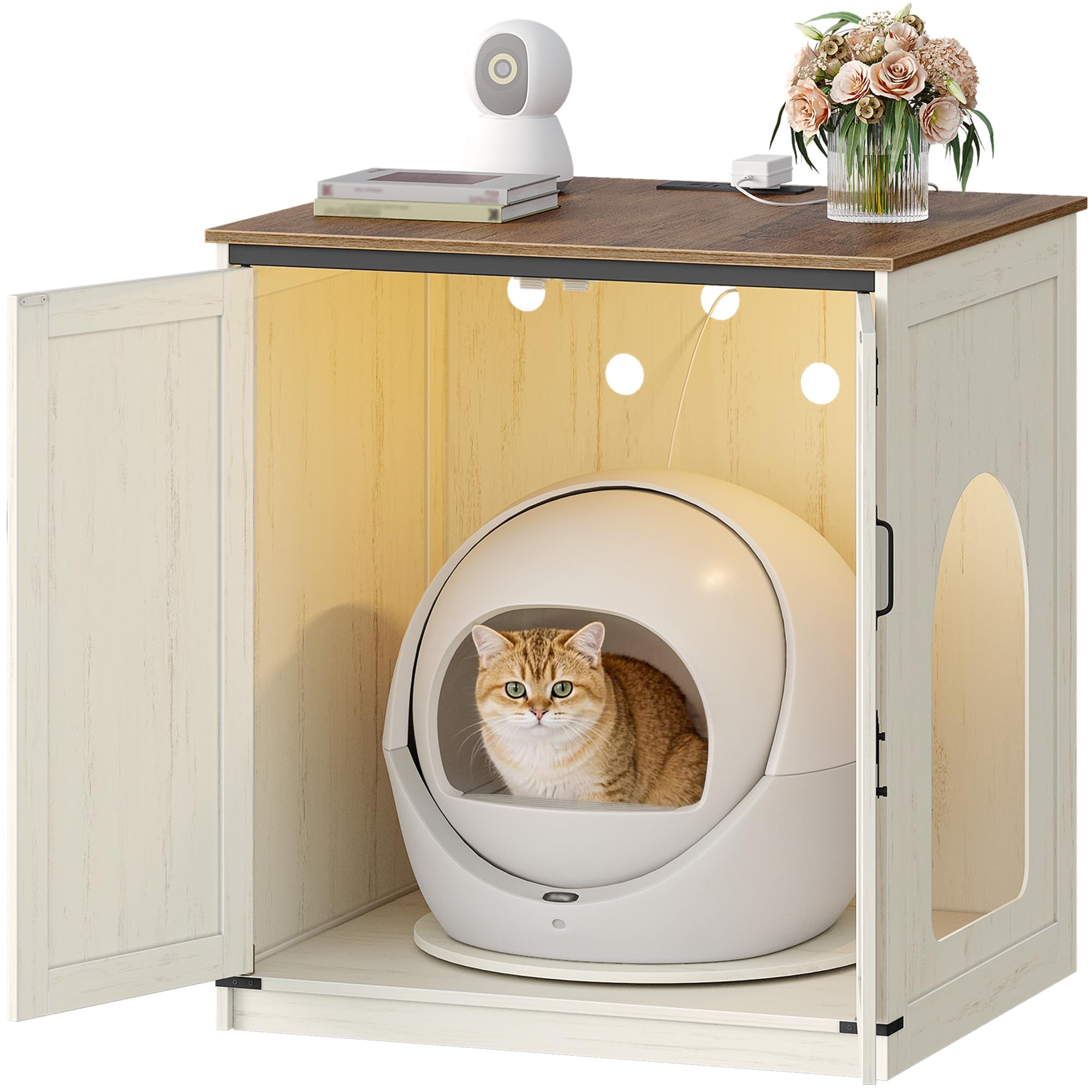 Hzuaneri Mueble Arenero Gato Grande, Caseta Madera Escondite Arenero para Arenero Autolimpiante con Plataforma Giratoria y Estación de Carga, con Cerradura, 82x70x90cm, Marrón Vintage y Blanco